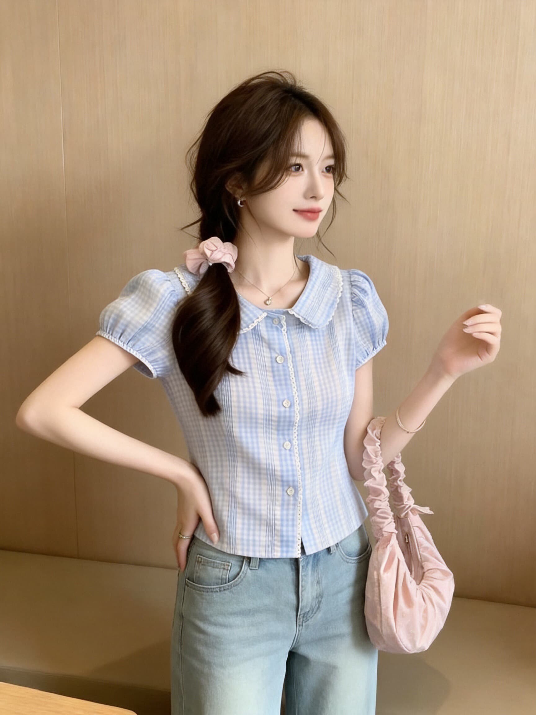 베이비 칼라 거품 소매 셔츠 맨위 여성 상세 이미지 4