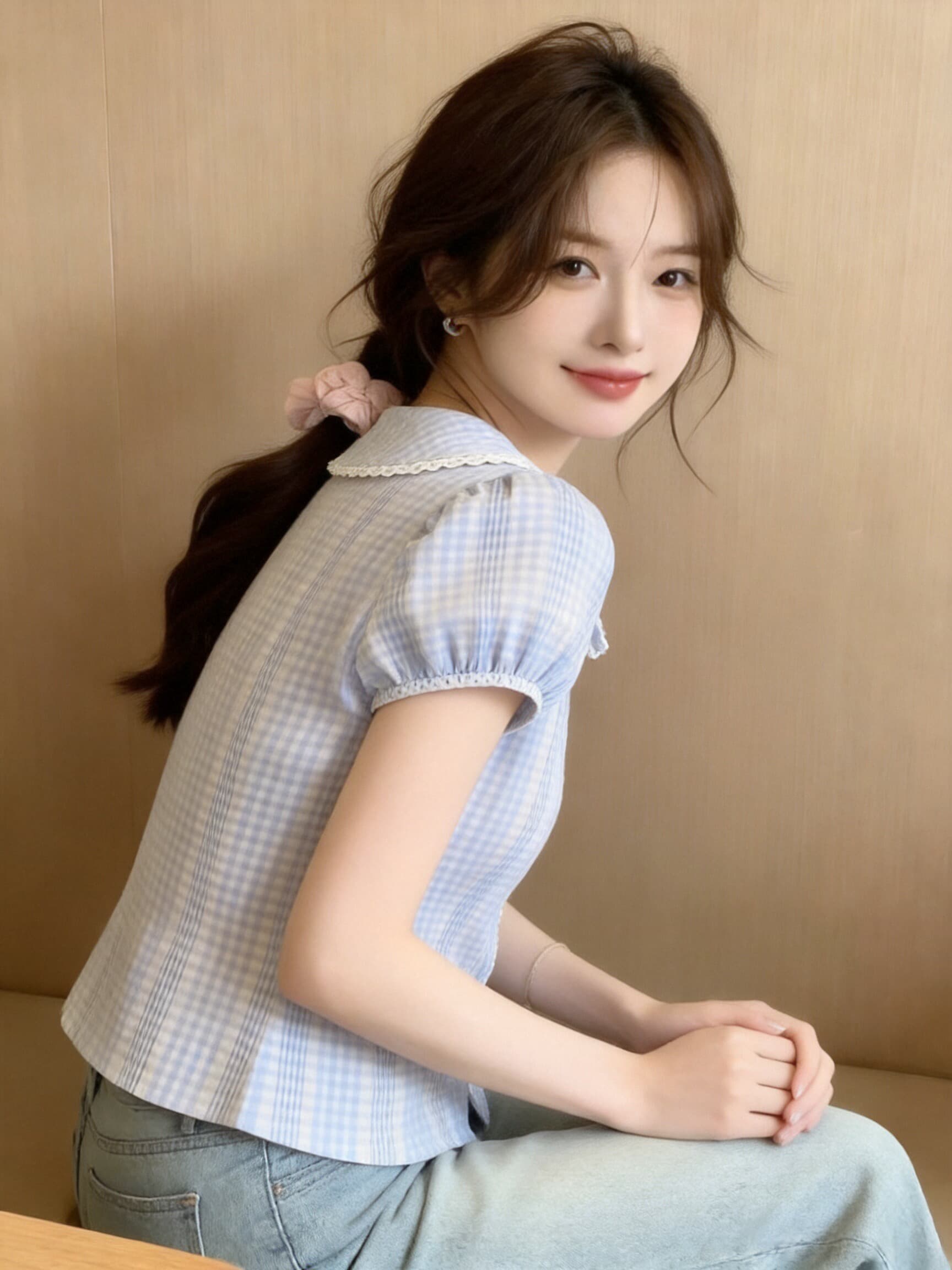 베이비 칼라 거품 소매 셔츠 맨위 여성 상세 이미지 5