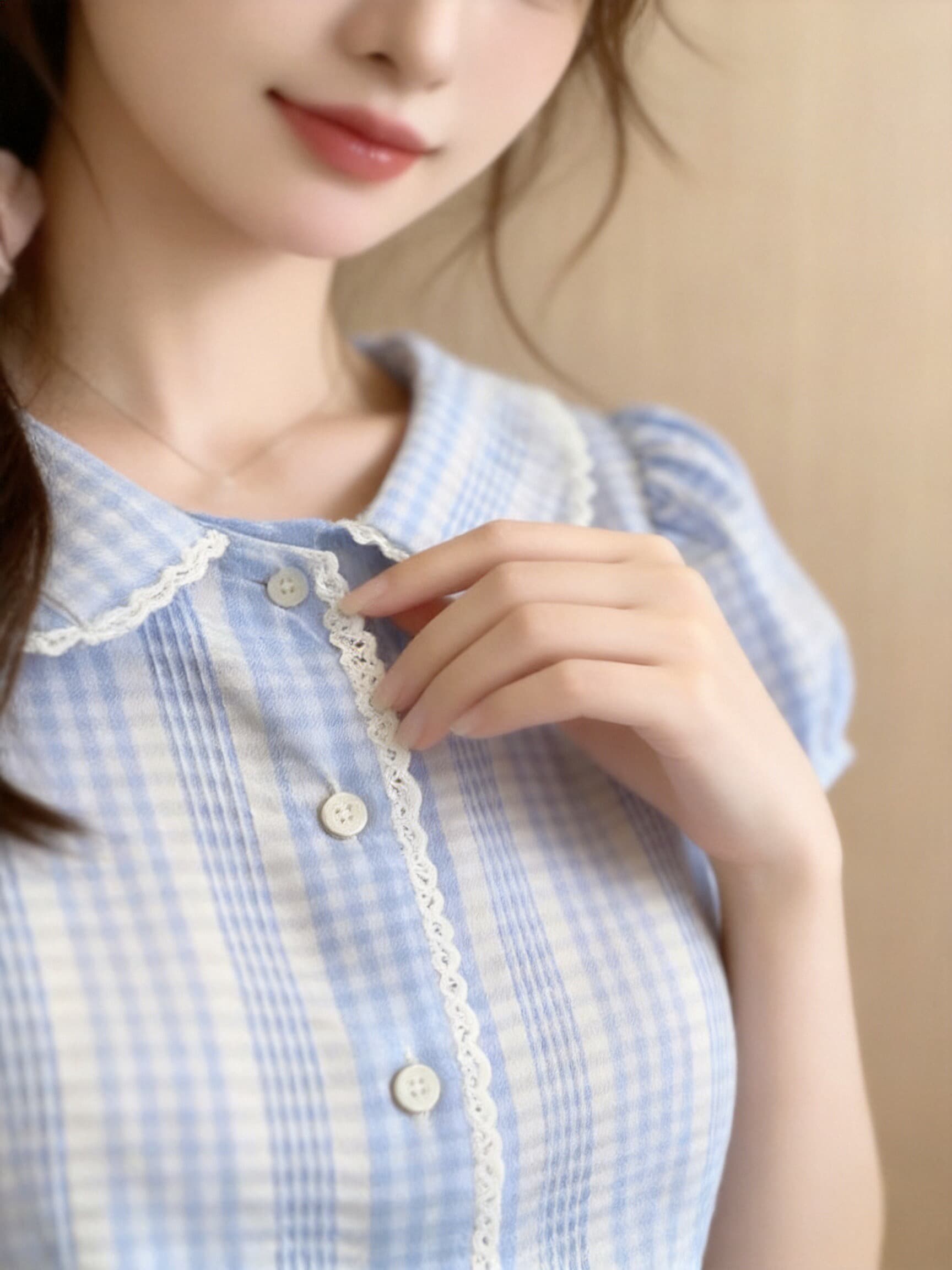 베이비 칼라 거품 소매 셔츠 맨위 여성 상세 이미지 8