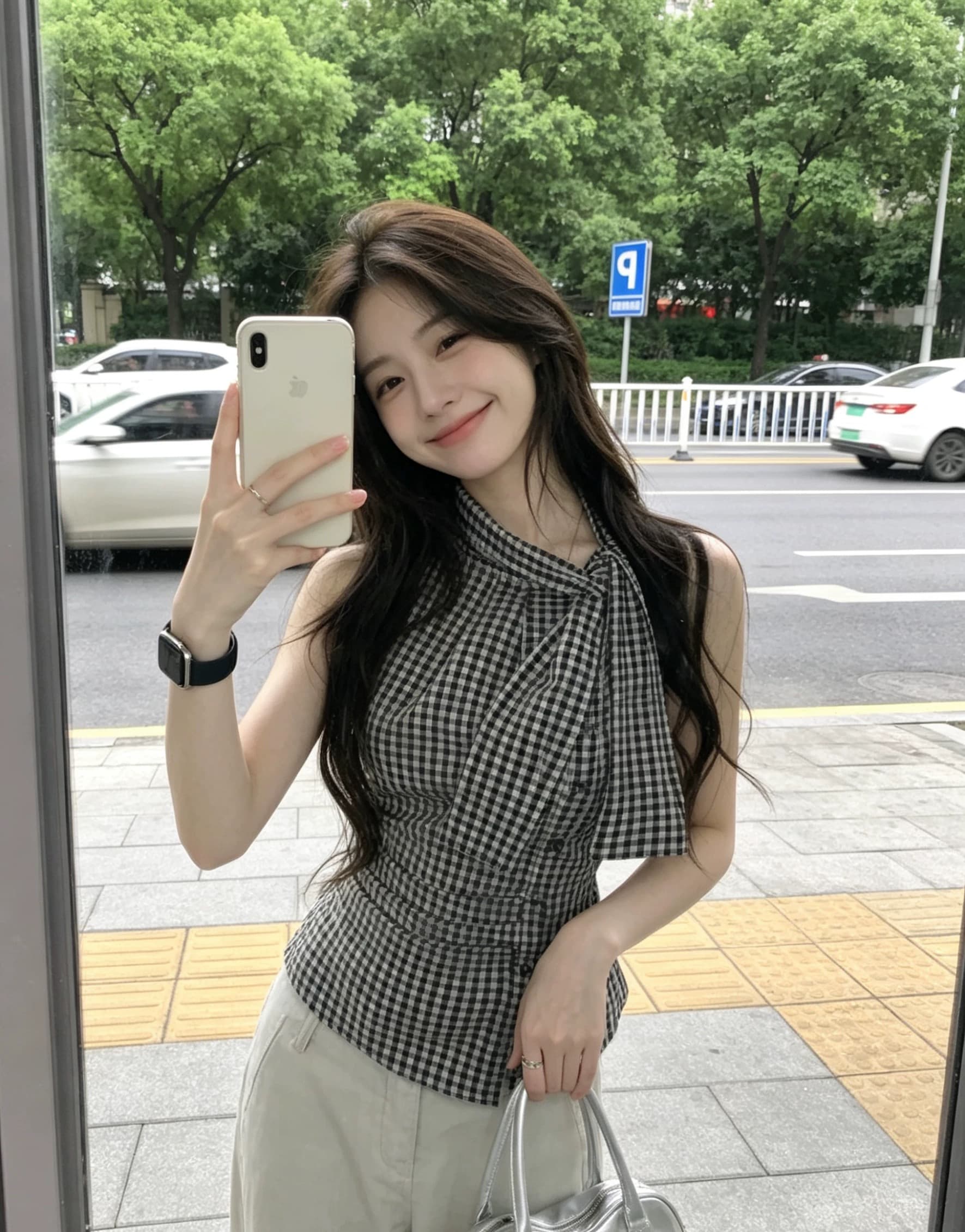 체크무늬 나비 넥타이 주름 셔츠 맨위 여성