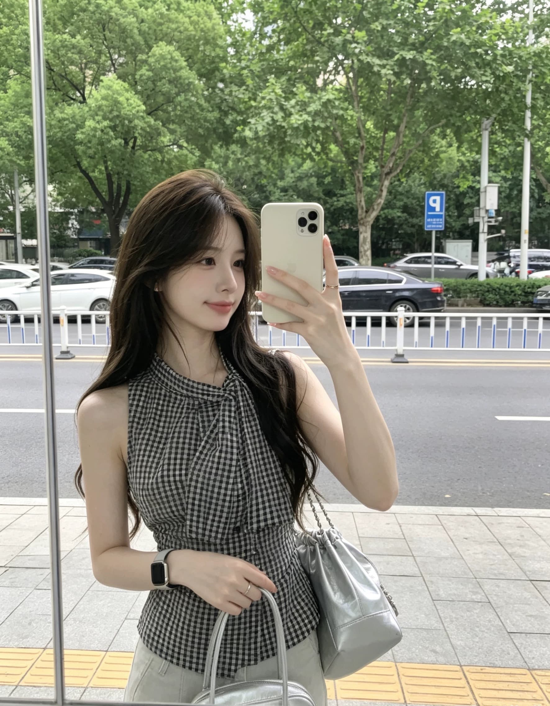 체크무늬 나비 넥타이 주름 셔츠 맨위 여성 이미지 4