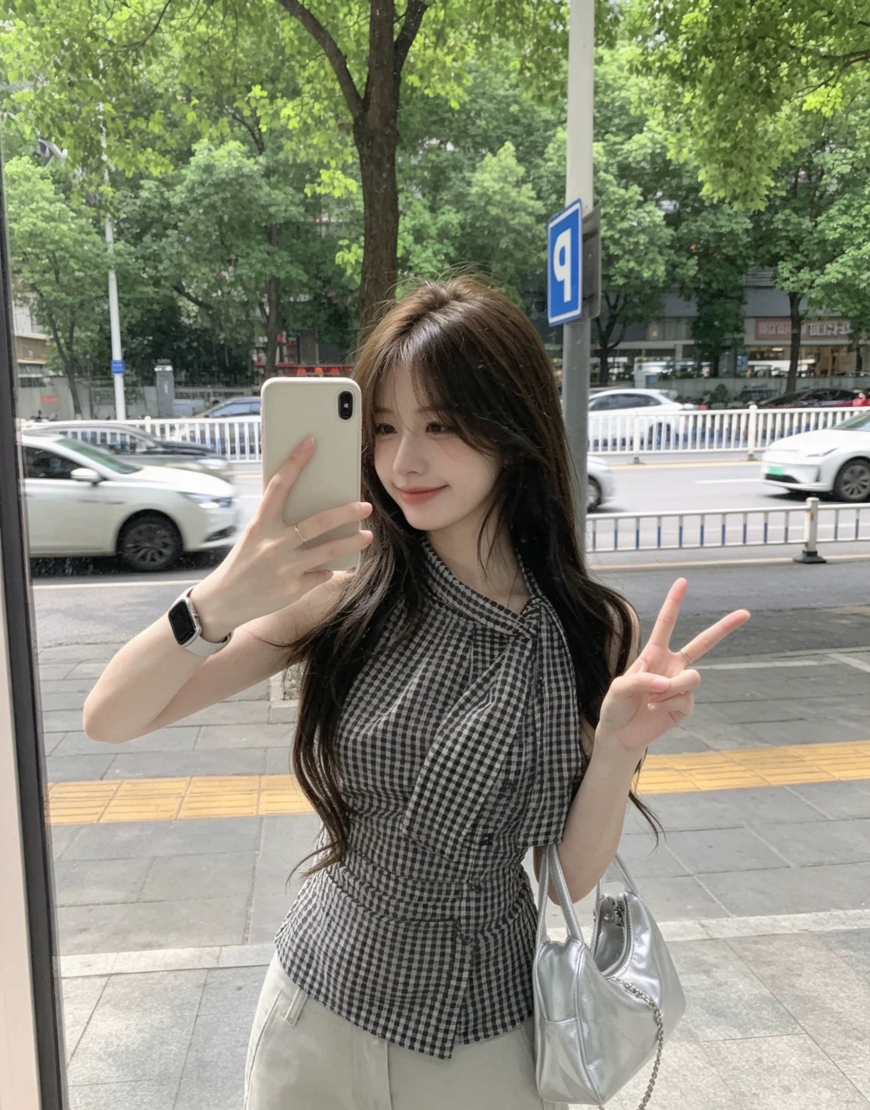 체크무늬 나비 넥타이 주름 셔츠 맨위 여성 상세 이미지 4