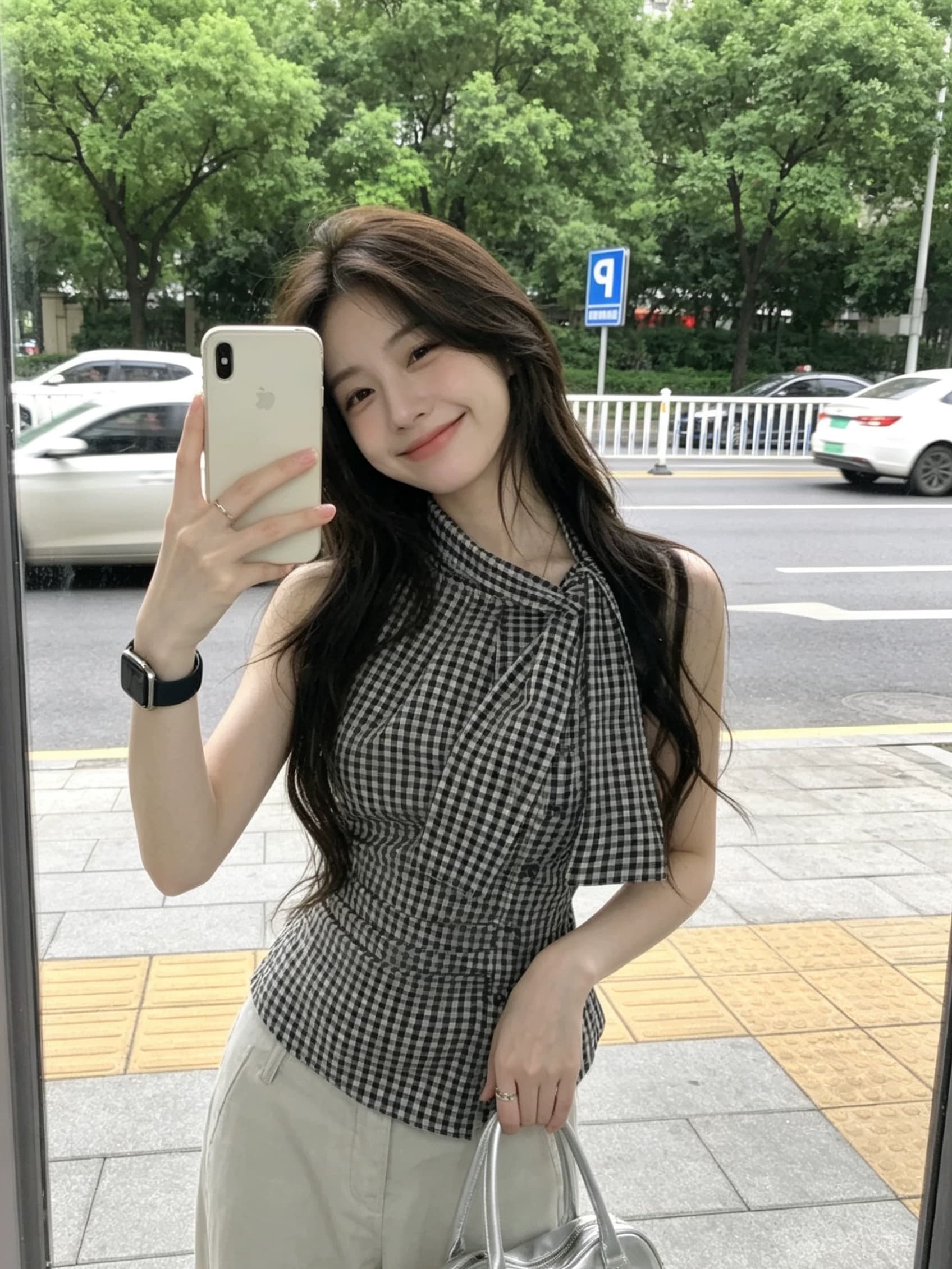 체크무늬 나비 넥타이 주름 셔츠 맨위 여성 상세 이미지 7