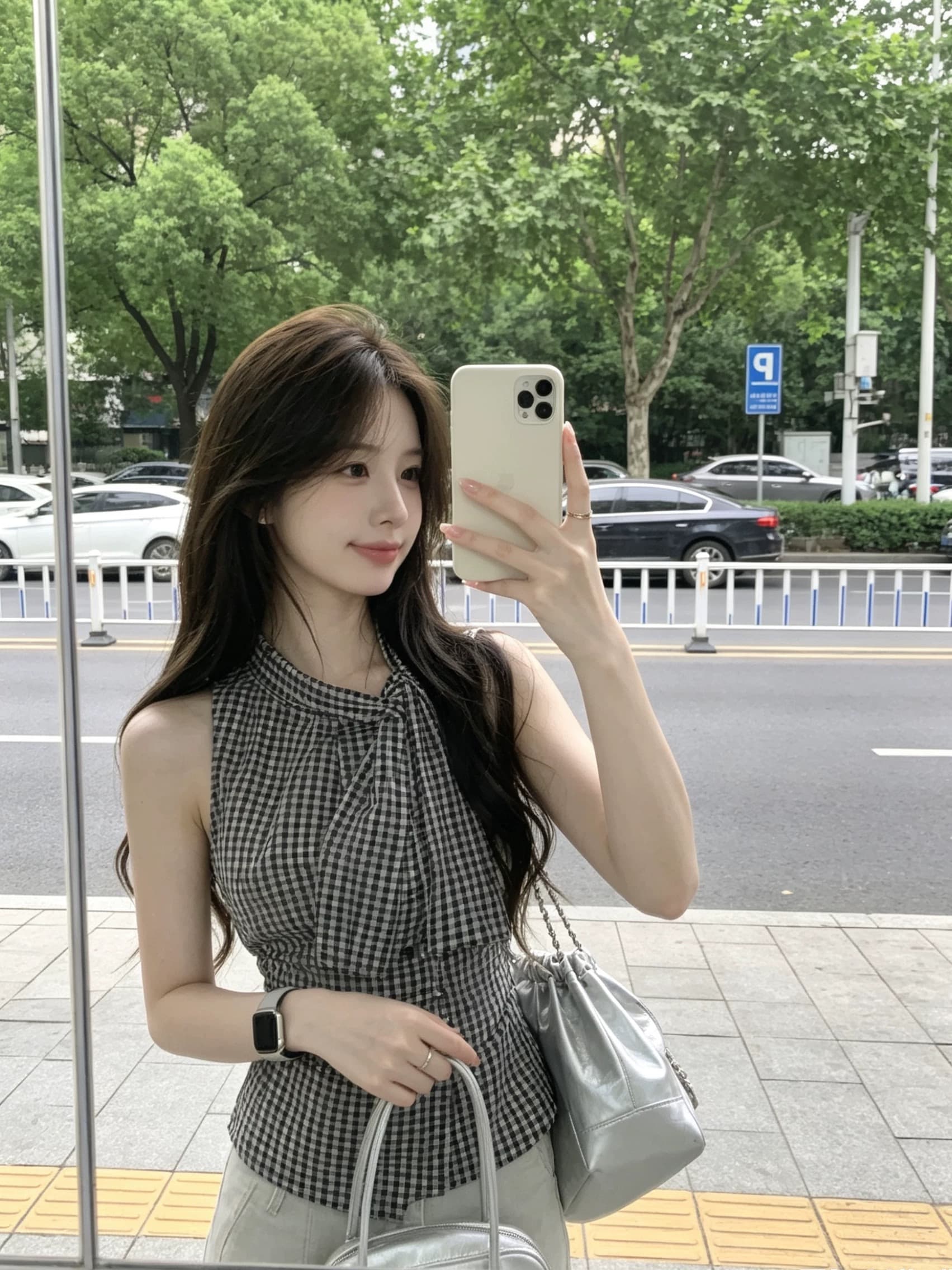 체크무늬 나비 넥타이 주름 셔츠 맨위 여성 상세 이미지 8
