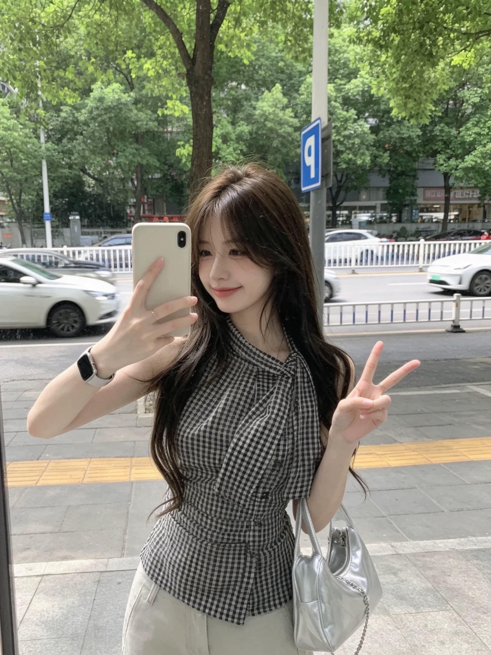 체크무늬 나비 넥타이 주름 셔츠 맨위 여성 상세 이미지 10