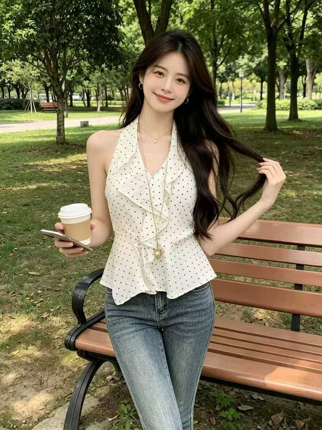 프릴 행침 목 플리츠 맨위 여성
