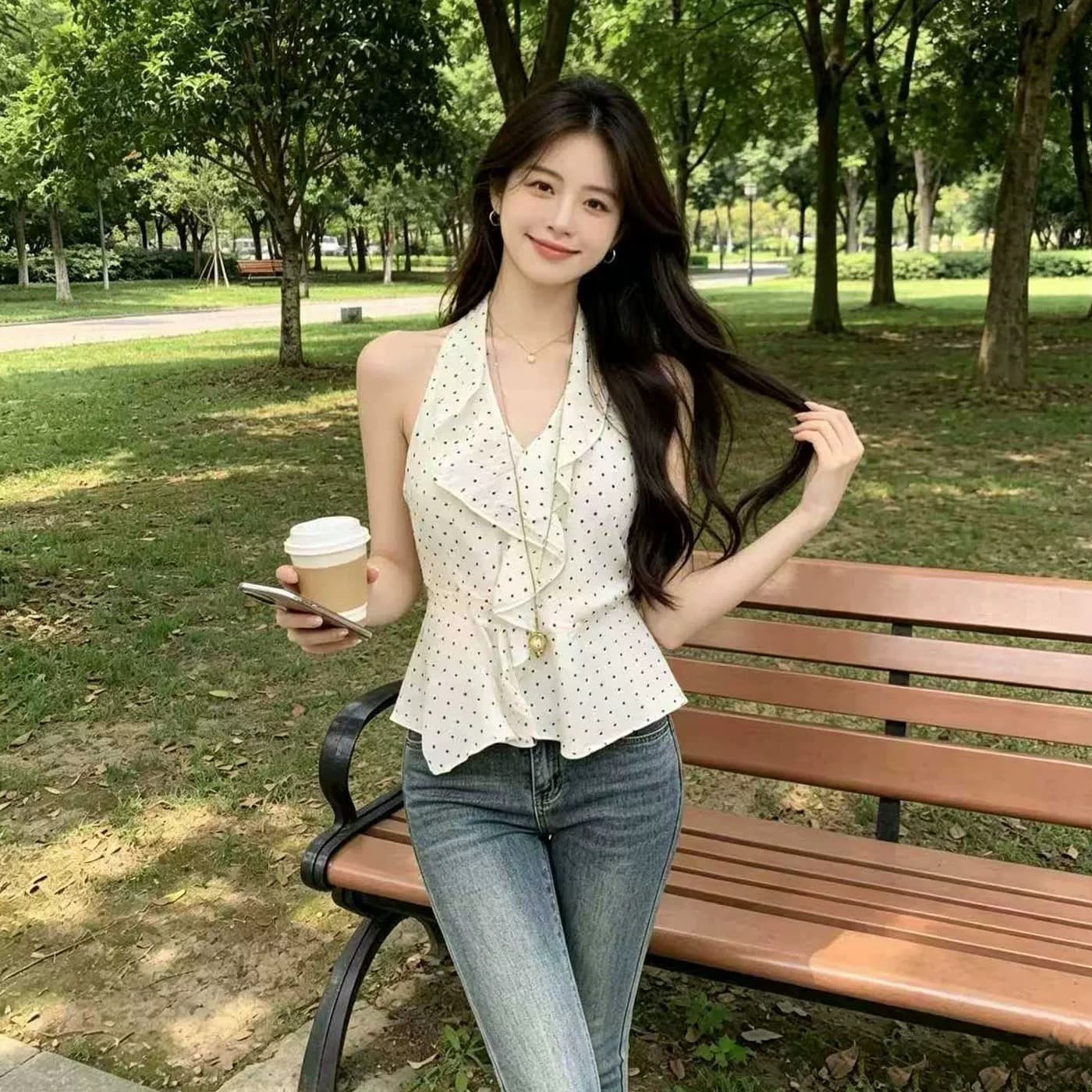 프릴 행침 목 플리츠 맨위 여성 상세 이미지 4