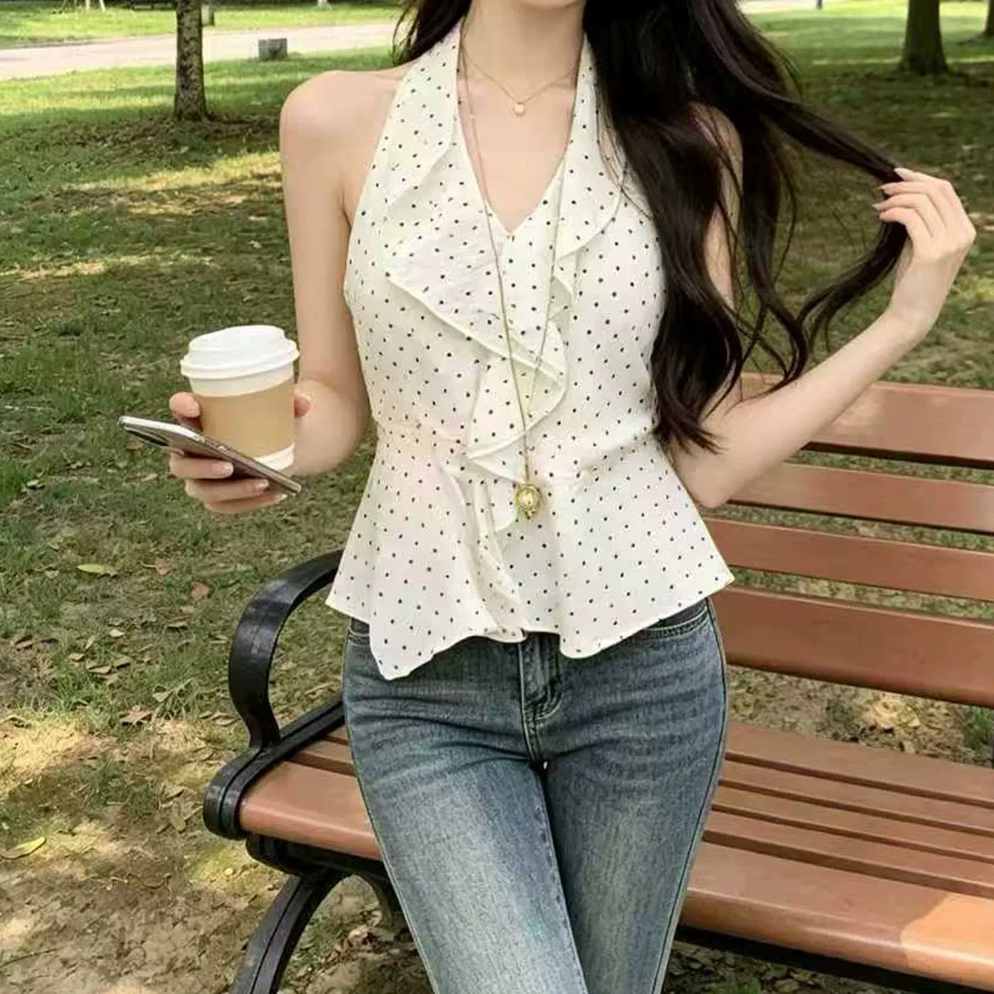 프릴 행침 목 플리츠 맨위 여성 상세 이미지 6