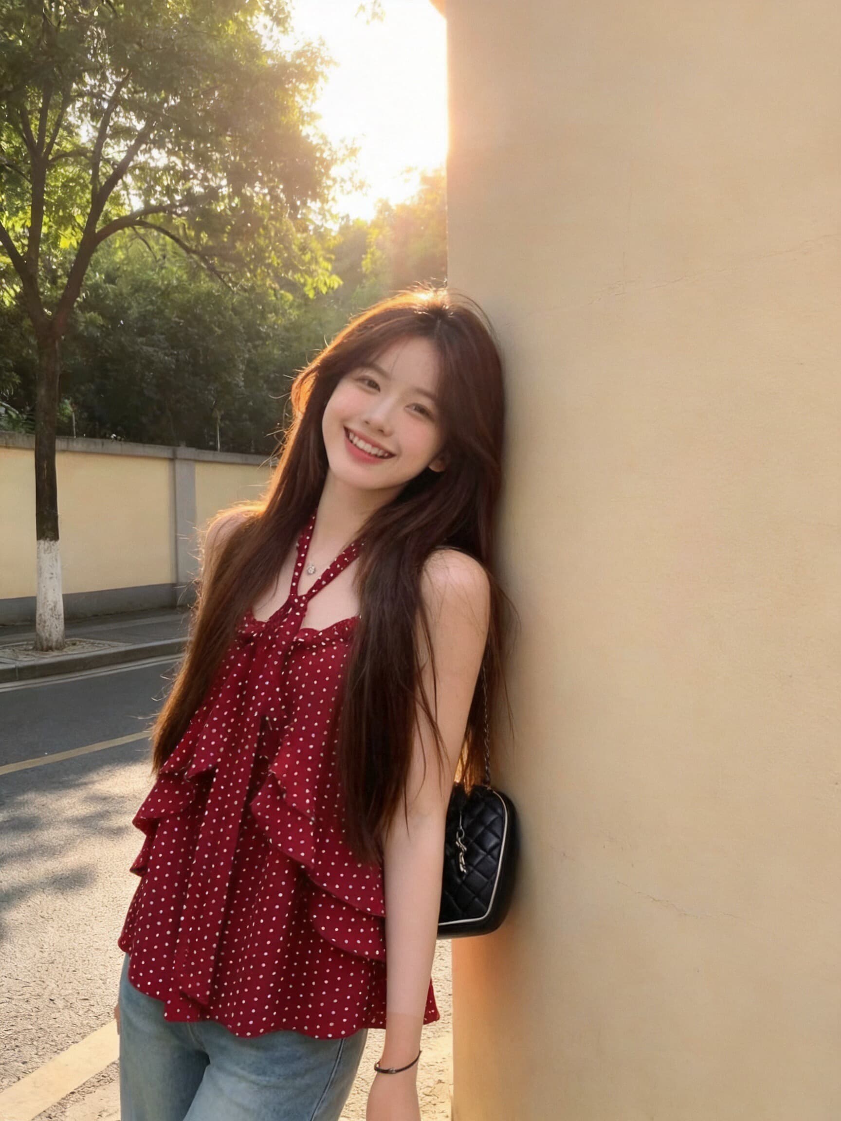 빨간색 도트 무늬 프릴 슬립 맨위 여성 상세 이미지 2