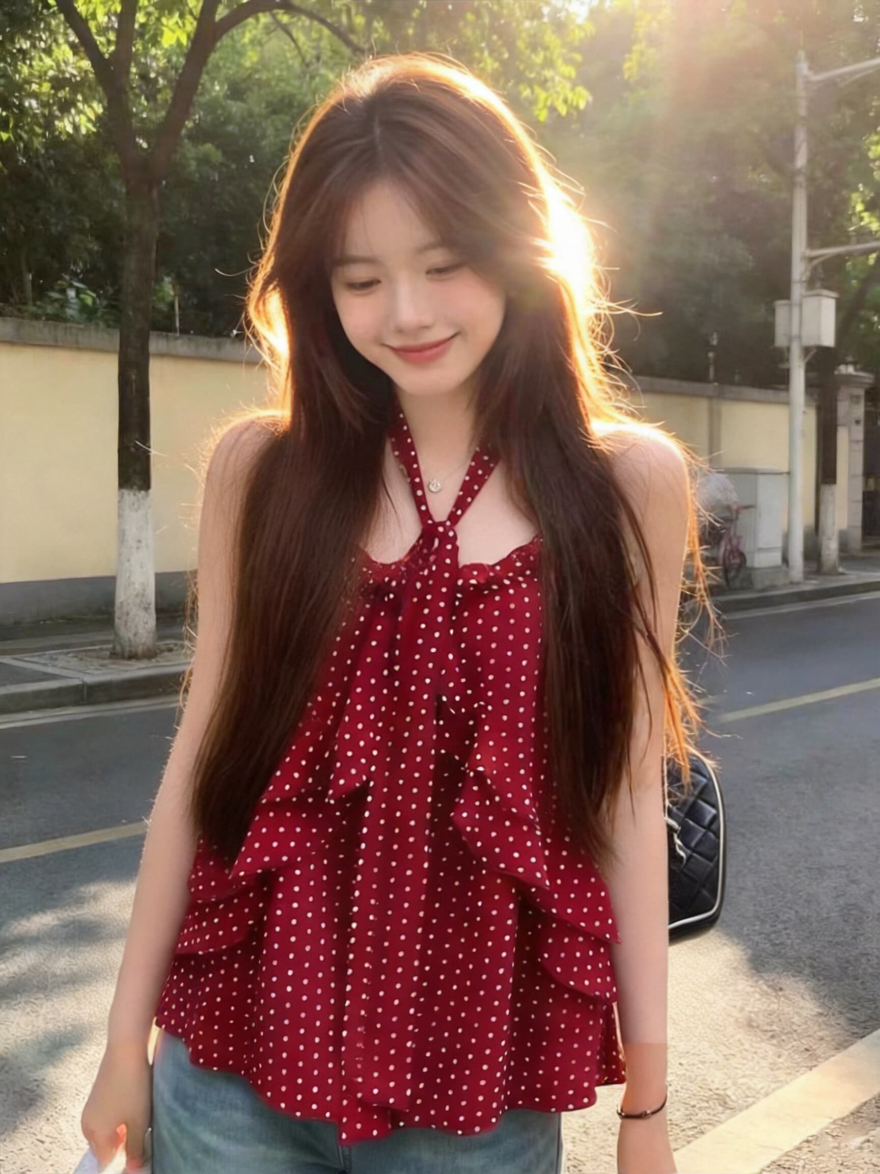 빨간색 도트 무늬 프릴 슬립 맨위 여성 상세 이미지 4