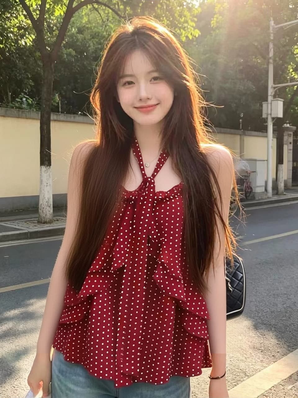 빨간색 도트 무늬 프릴 슬립 맨위 여성 상세 이미지 5