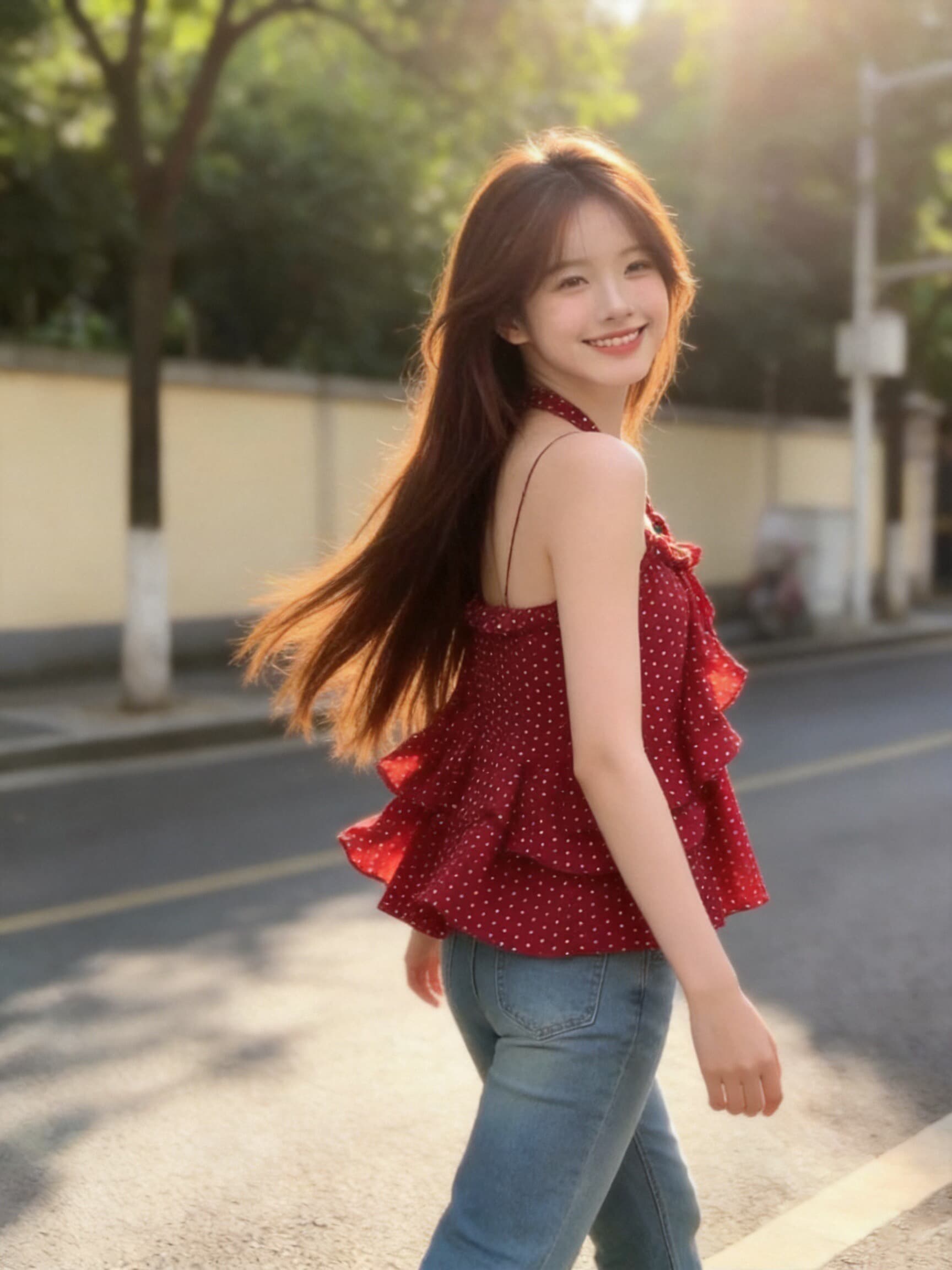 빨간색 도트 무늬 프릴 슬립 맨위 여성 상세 이미지 6