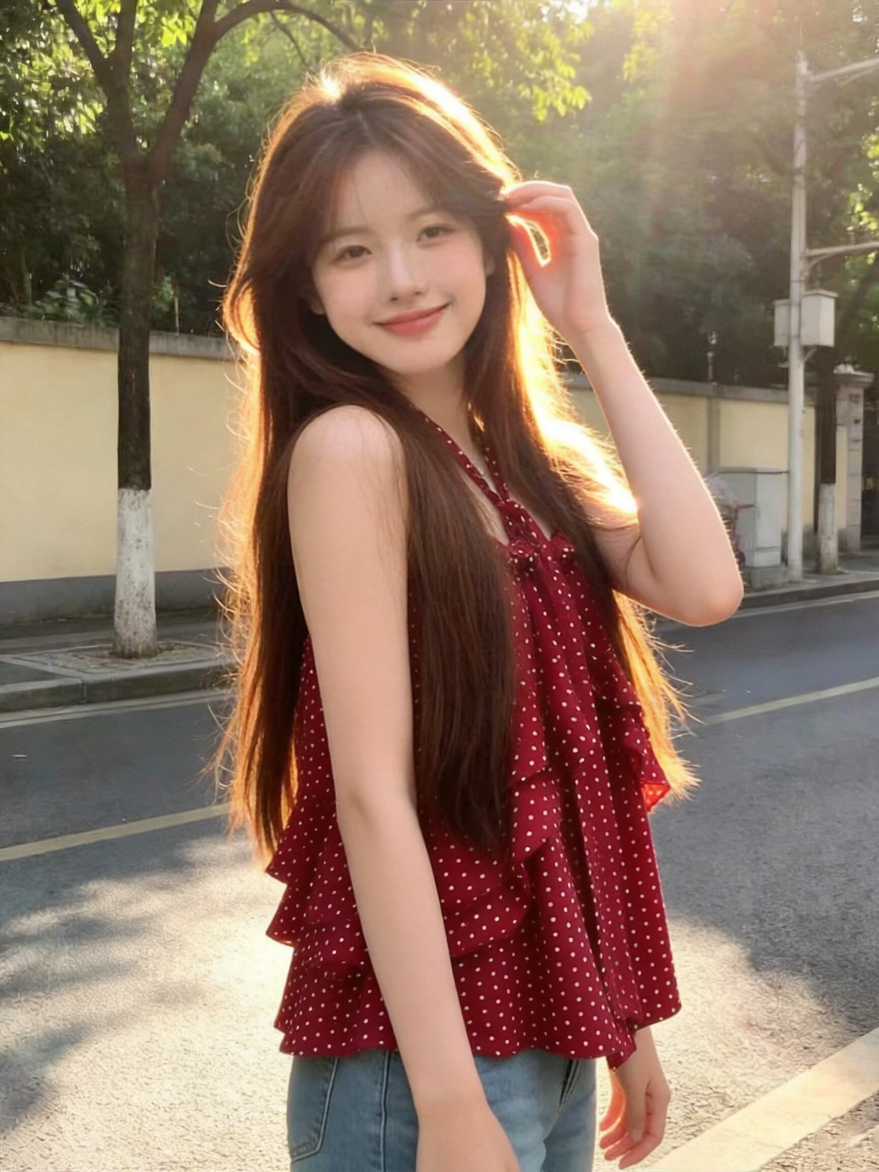 빨간색 도트 무늬 프릴 슬립 맨위 여성 상세 이미지 7