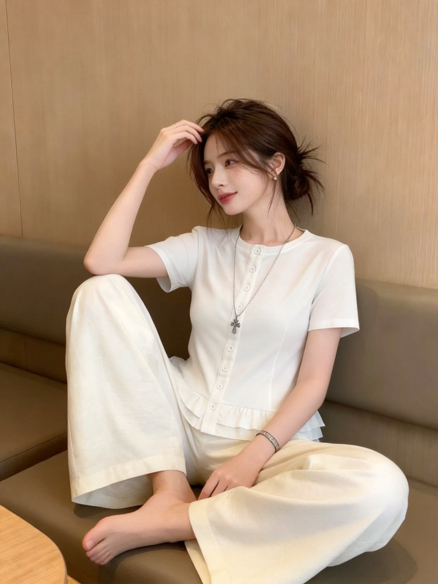 프릴 화이트 셔츠 맨위 여성 이미지 3
