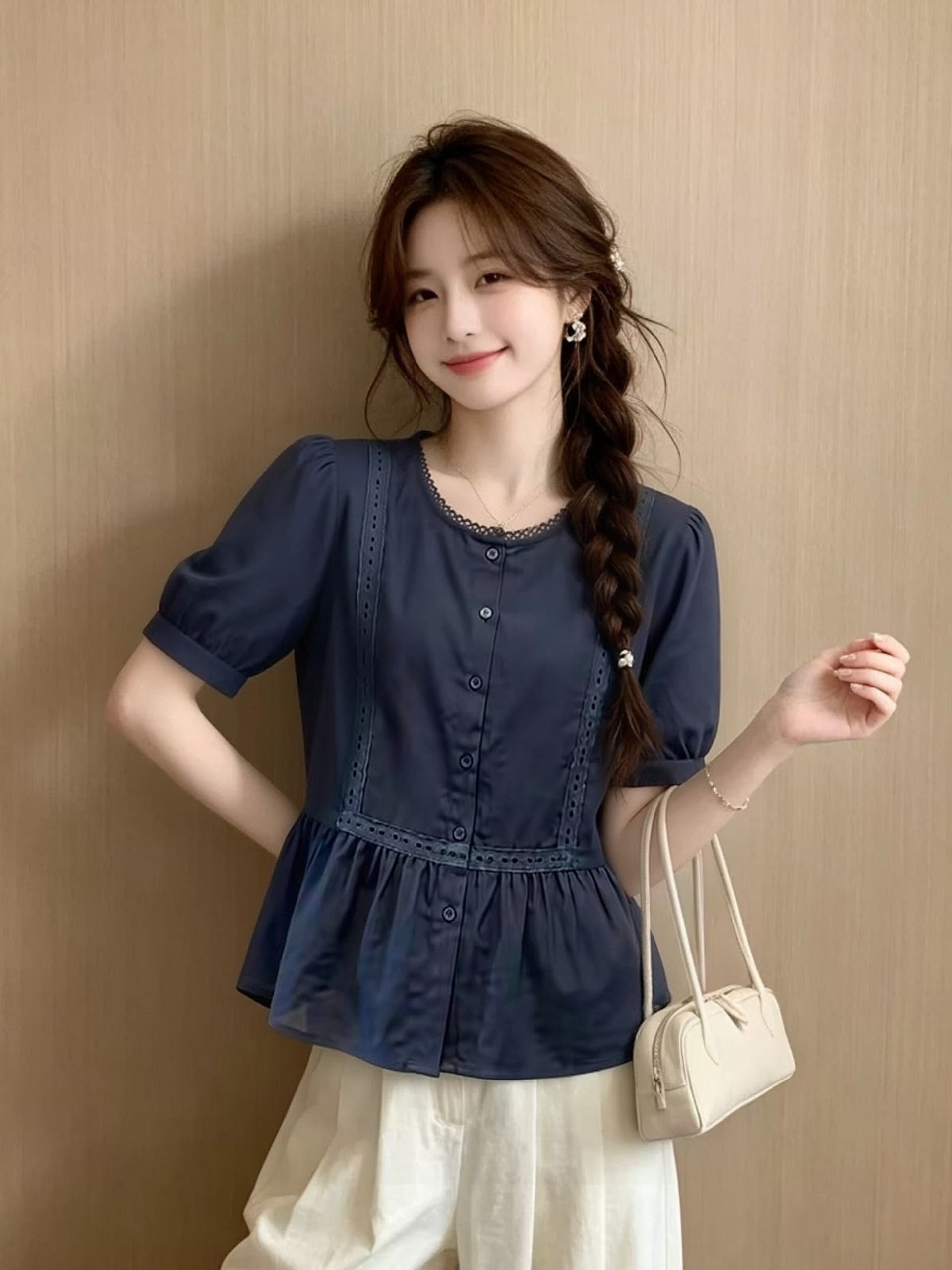 레이스 조각 프릴 셔츠 맨위 여성 이미지 2