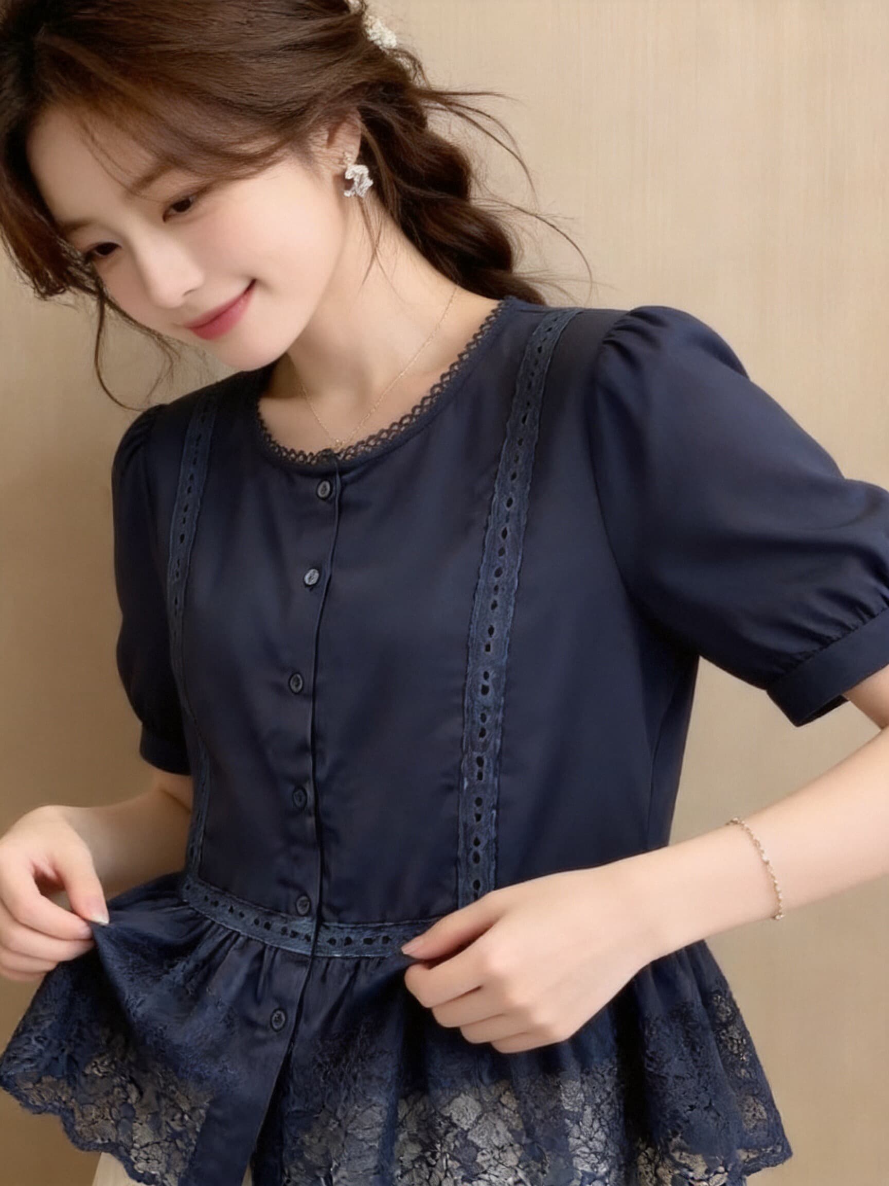 레이스 조각 프릴 셔츠 맨위 여성 이미지 5