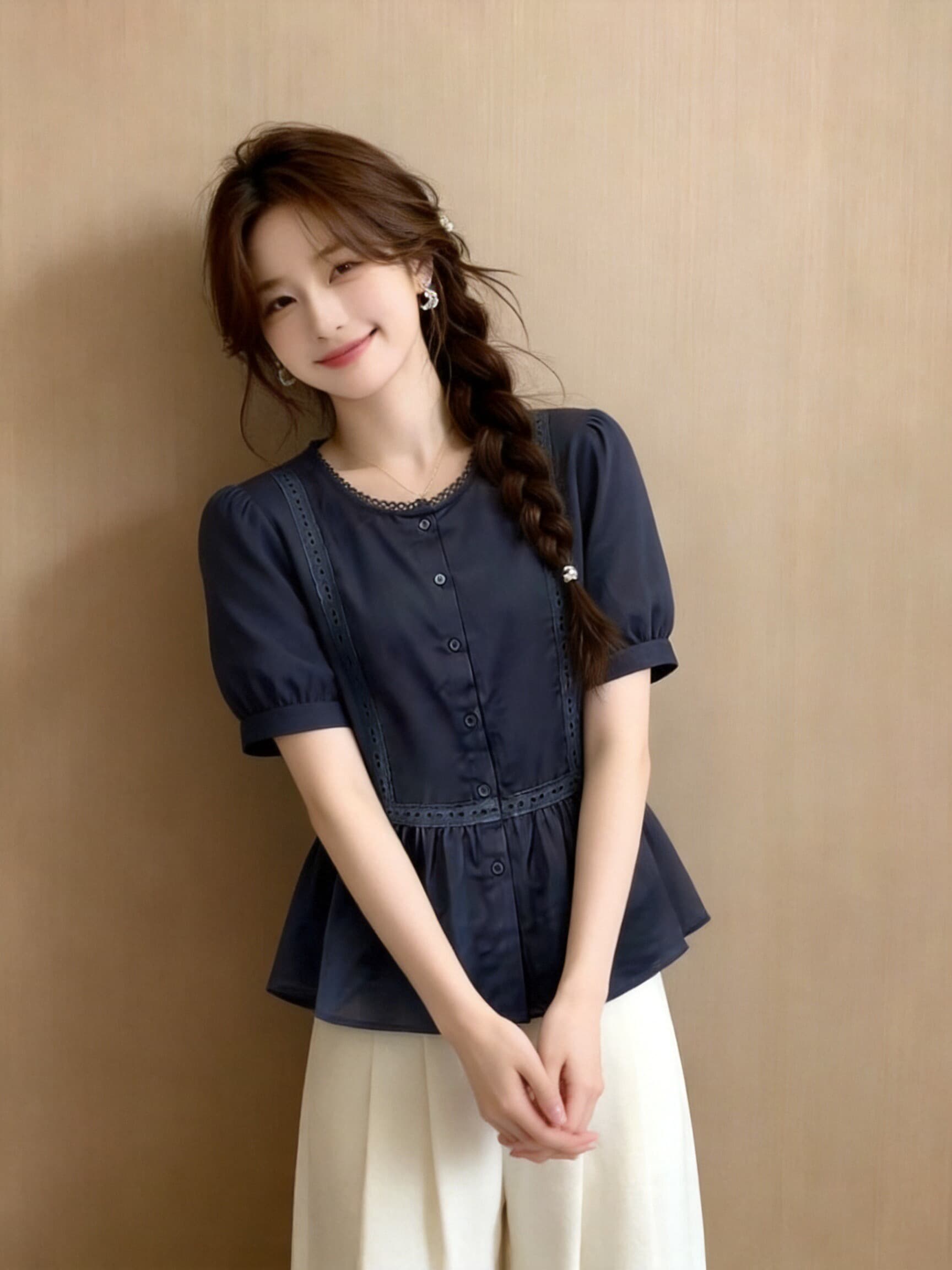 레이스 조각 프릴 셔츠 맨위 여성 상세 이미지 1