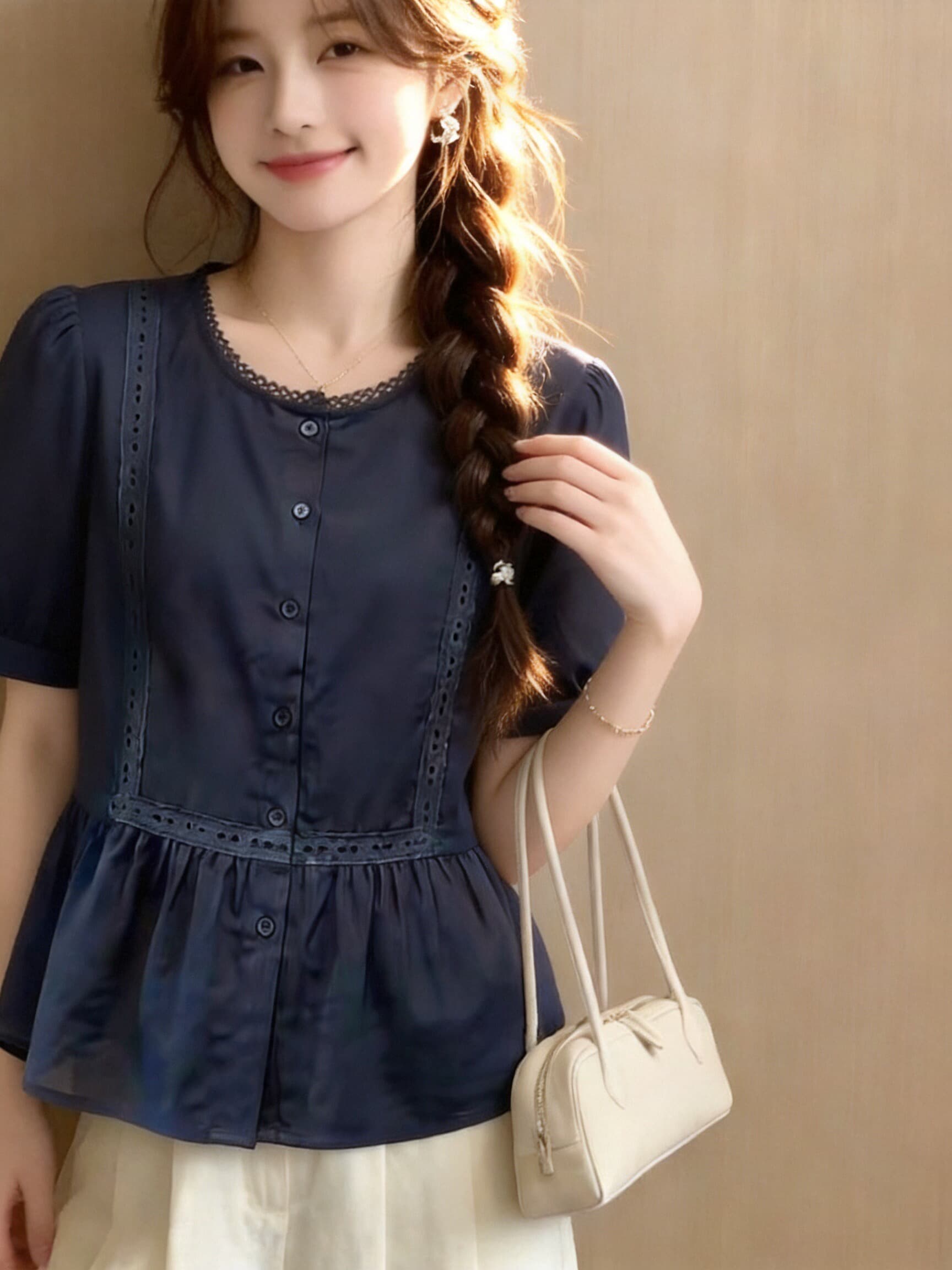 레이스 조각 프릴 셔츠 맨위 여성 상세 이미지 4