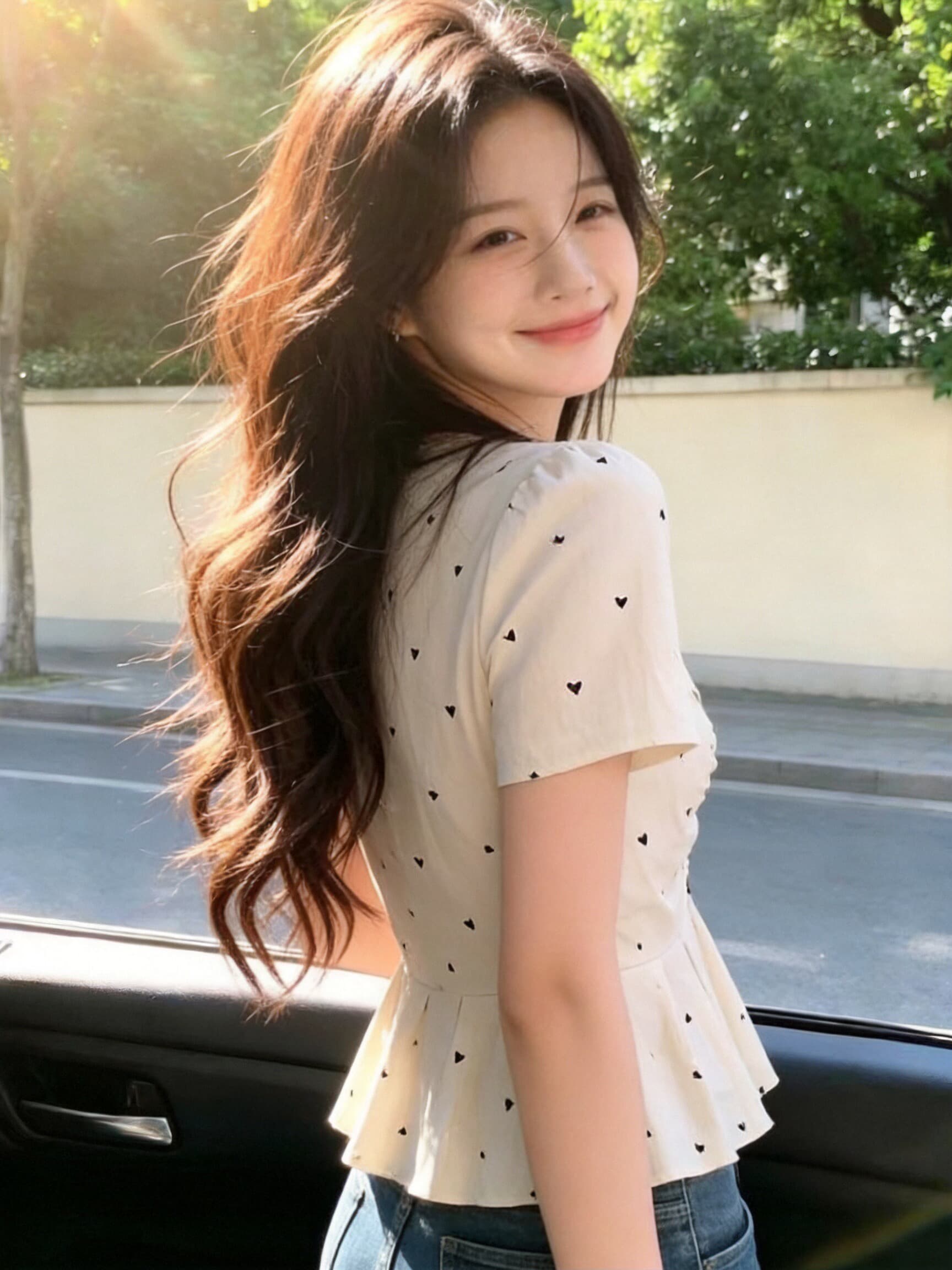 도트 무늬 프릴 허리 수축 셔츠 맨위 여성 상세 이미지 7