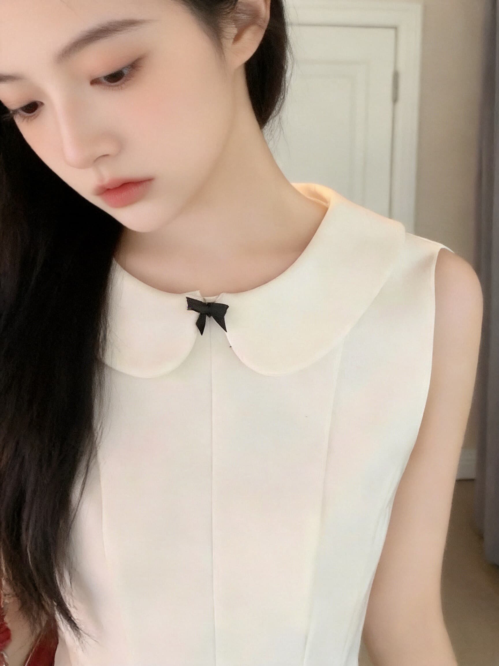 화이트 베이비 칼라 허리 수축 맨위 여성 이미지 4