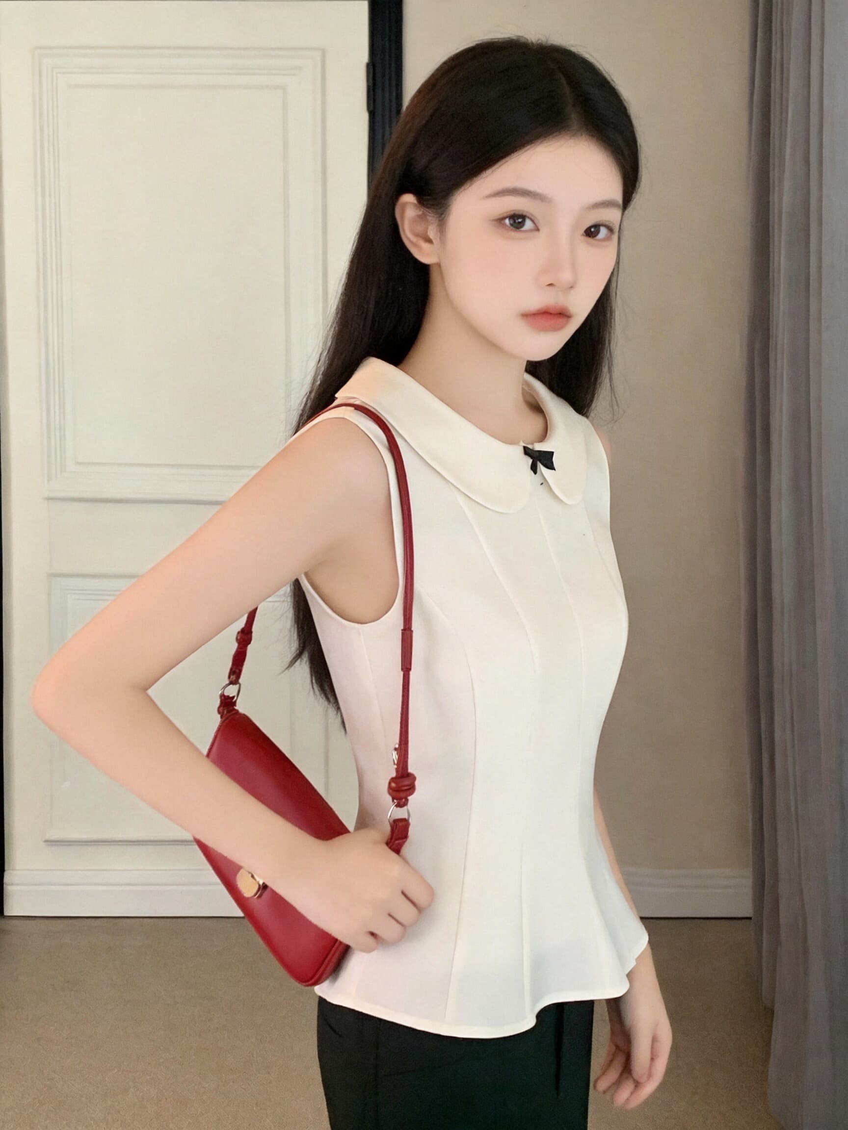 화이트 베이비 칼라 허리 수축 맨위 여성 상세 이미지 2