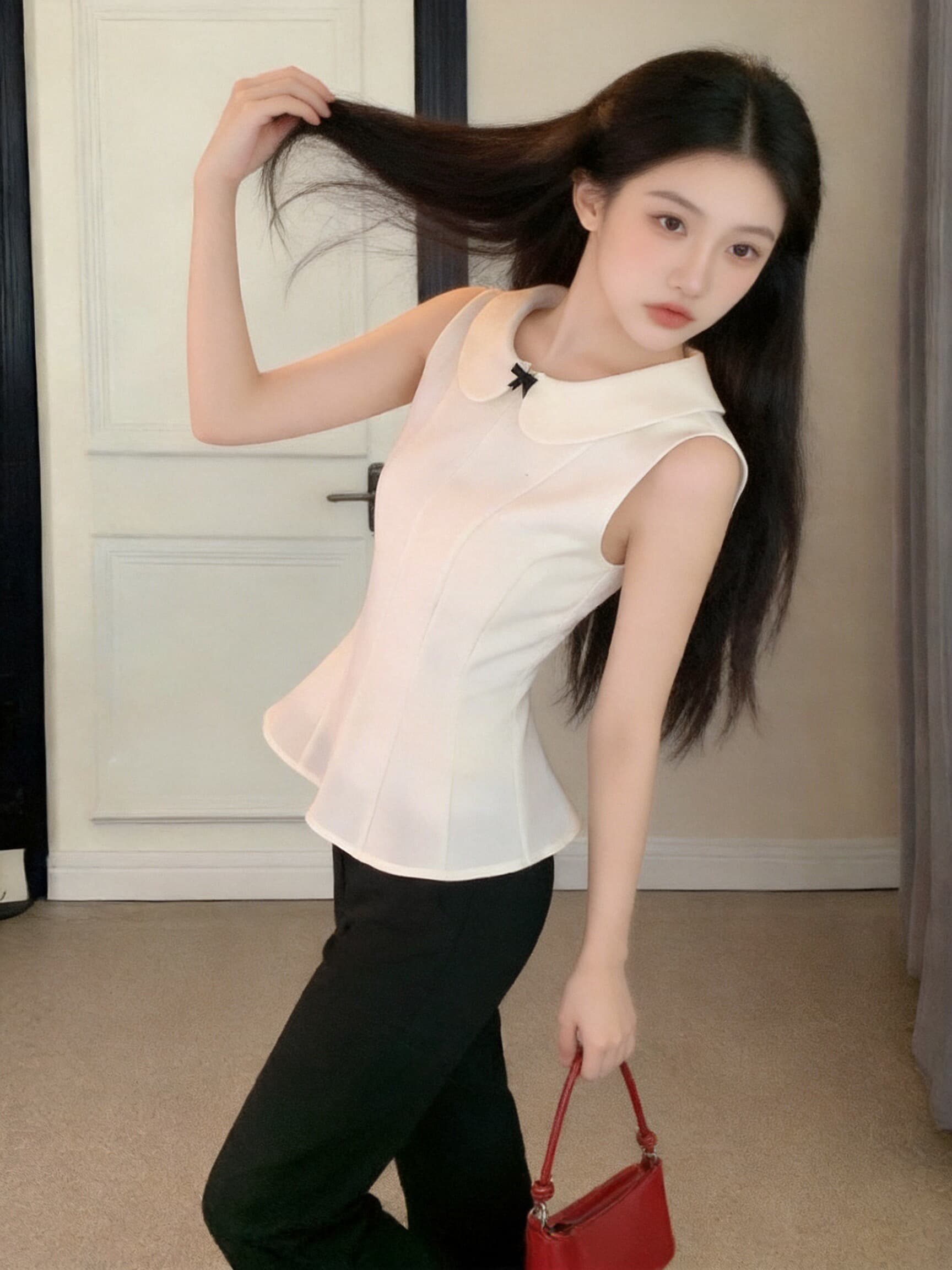 화이트 베이비 칼라 허리 수축 맨위 여성 상세 이미지 6