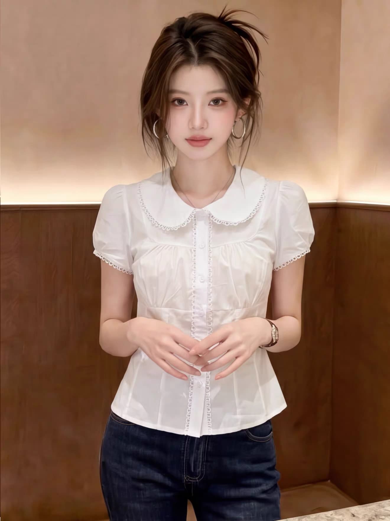 화이트 베이비 칼라 셔츠 허리 수축 맨위 여성