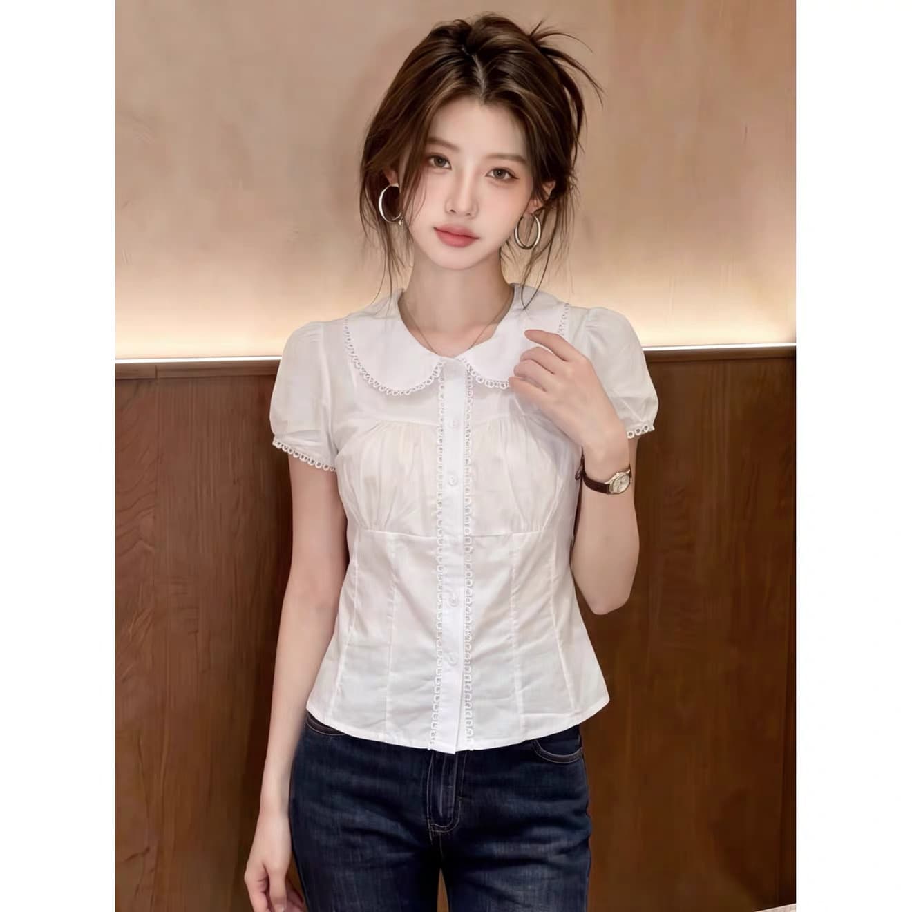 화이트 베이비 칼라 셔츠 허리 수축 맨위 여성 상세 이미지 2