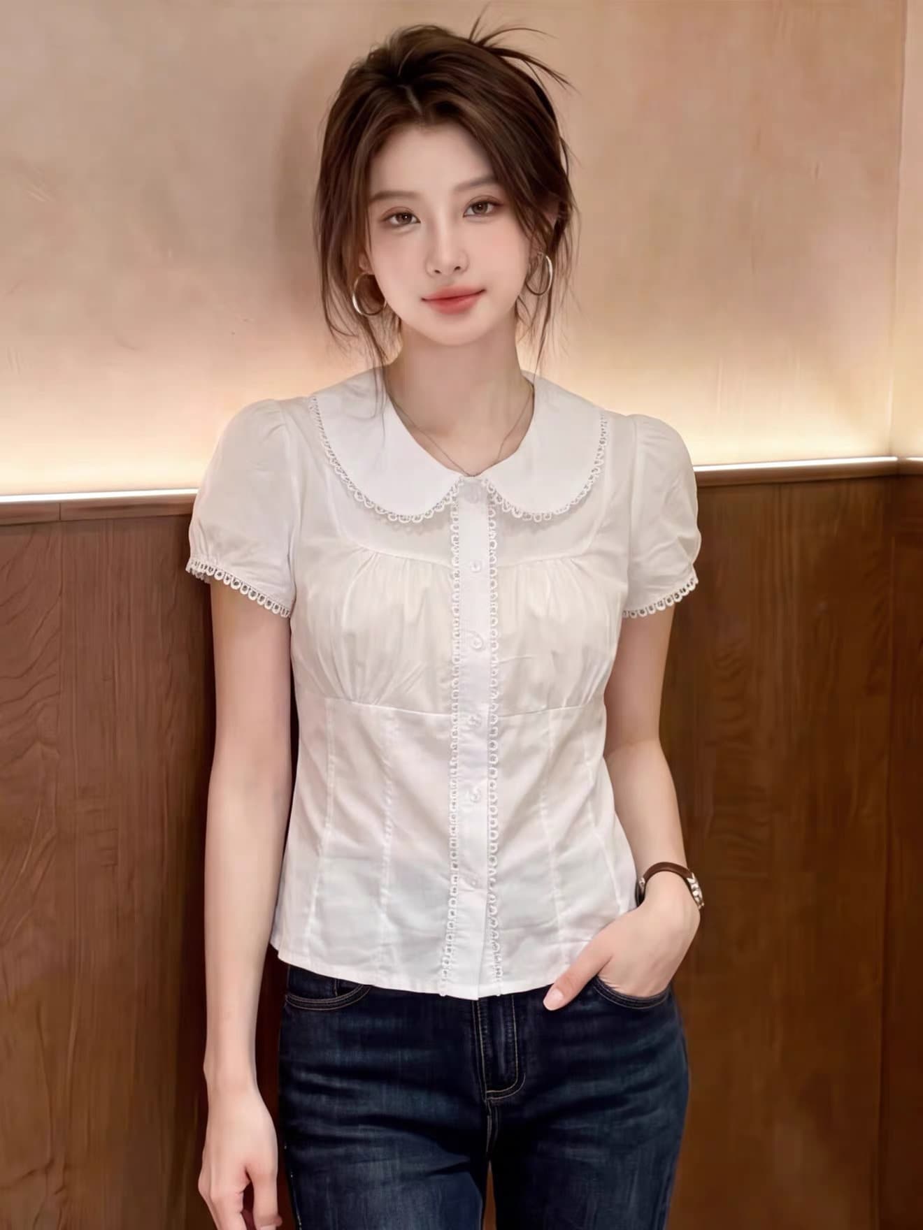 화이트 베이비 칼라 셔츠 허리 수축 맨위 여성 상세 이미지 6