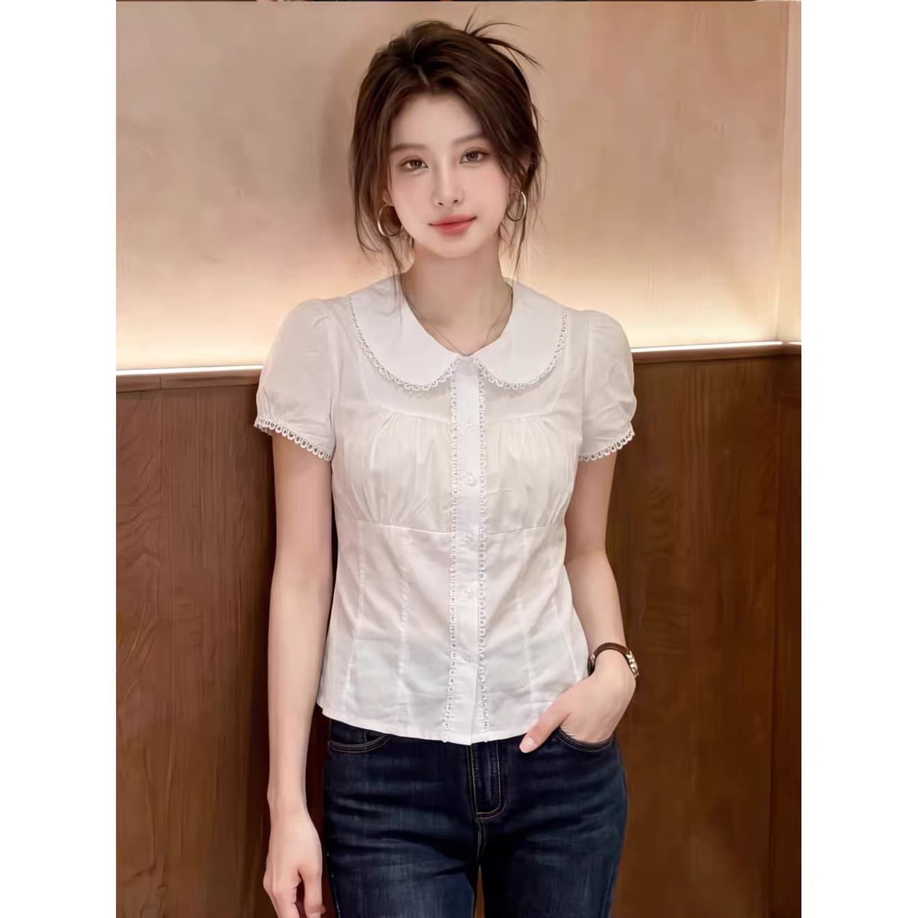 화이트 베이비 칼라 셔츠 허리 수축 맨위 여성 상세 이미지 7