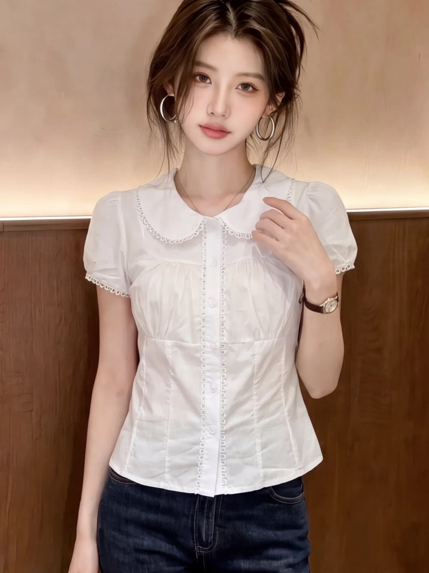 화이트 베이비 칼라 셔츠 허리 수축 맨위 여성 상세 이미지 9