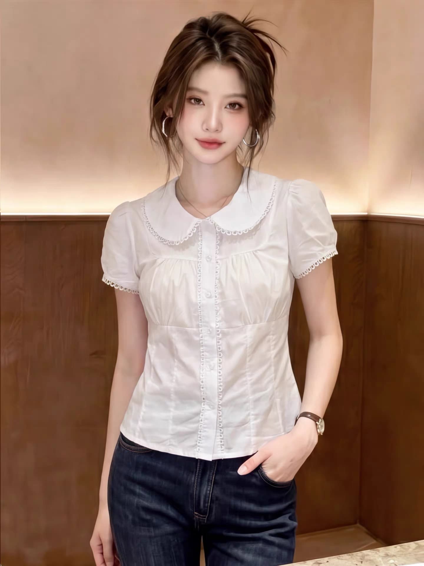 화이트 베이비 칼라 셔츠 허리 수축 맨위 여성 상세 이미지 10