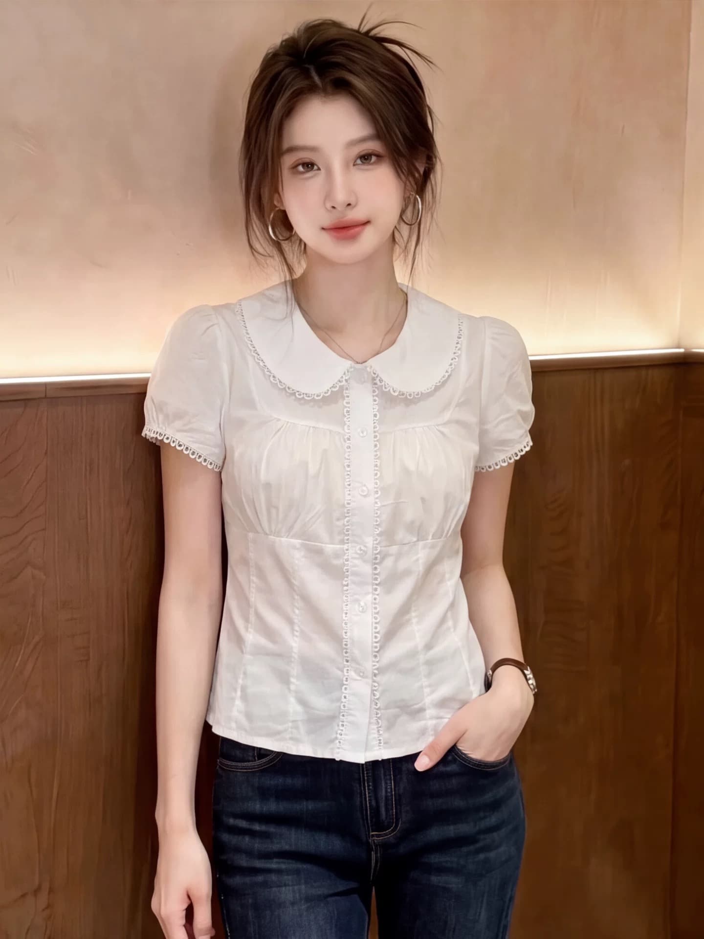 화이트 베이비 칼라 셔츠 허리 수축 맨위 여성 상세 이미지 11