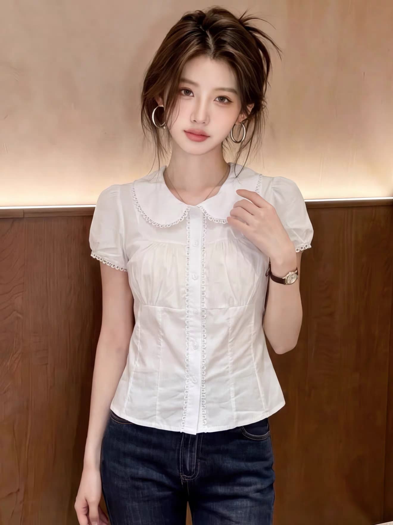 화이트 베이비 칼라 셔츠 허리 수축 맨위 여성 상세 이미지 13