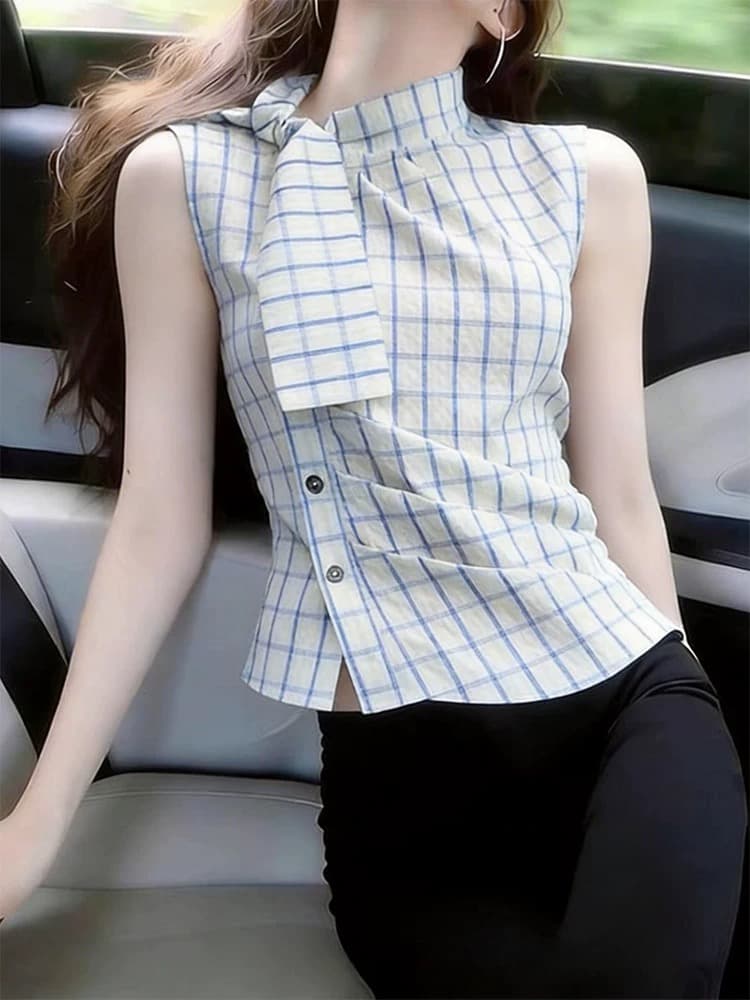 체크무늬 레이스업 허리 수축 셔츠 맨위 여성 상세 이미지 4