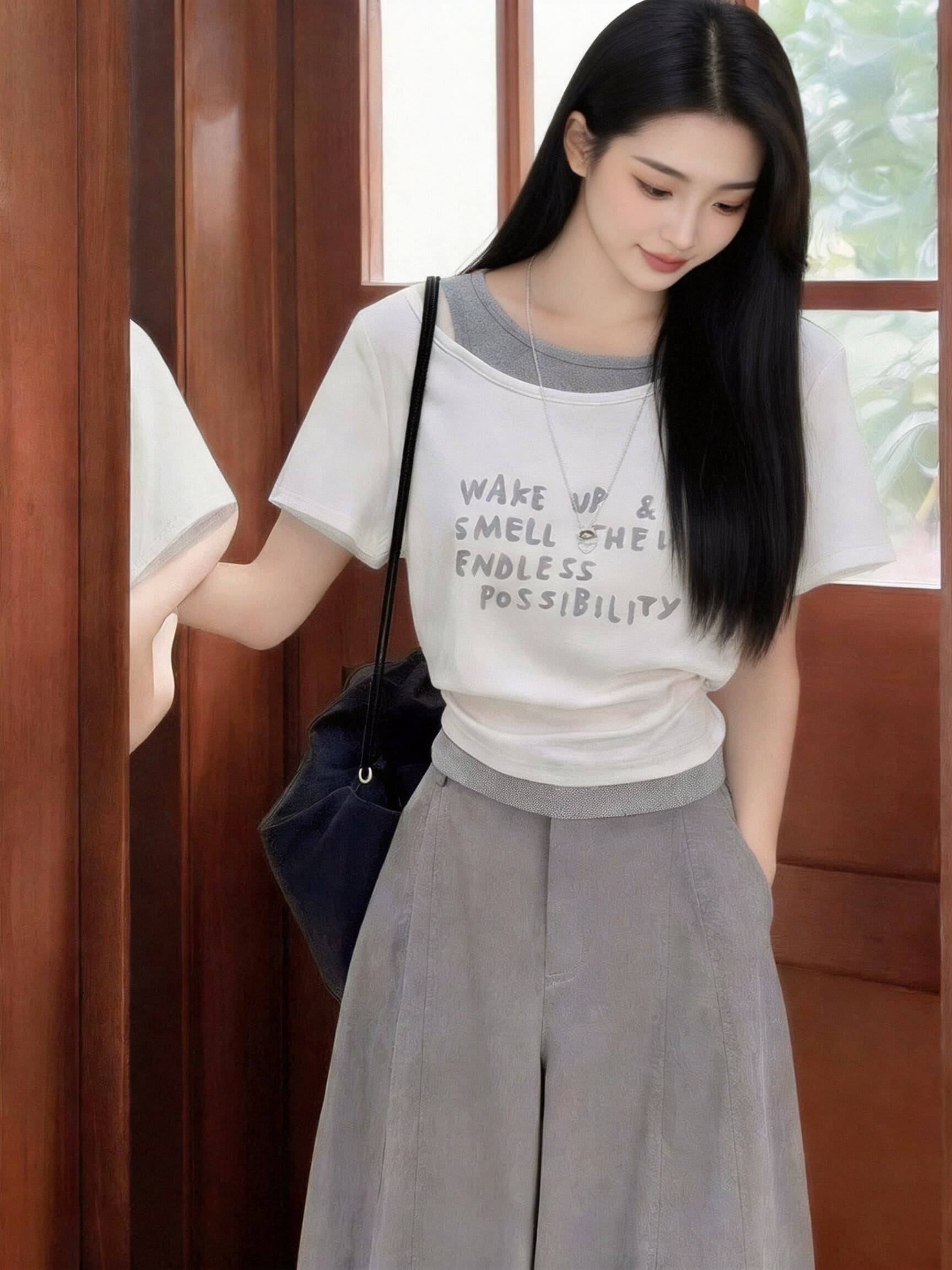 페이크 레이어드 오프숄더 맨위 여성 상세 이미지 7