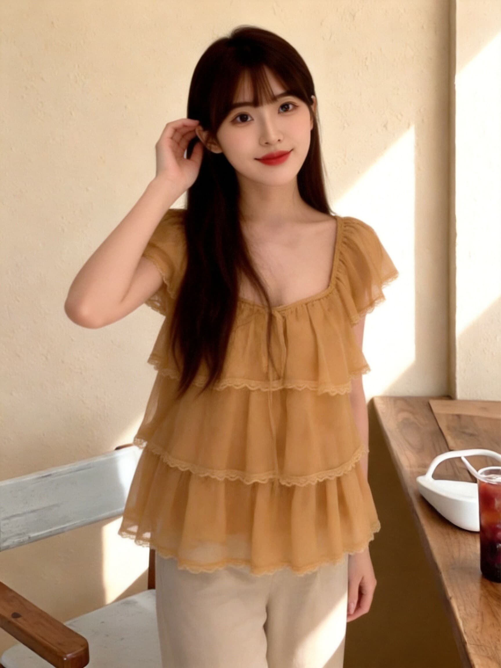 레이스 조각 작은 날다 소매 프릴 셔츠 맨위 여성 이미지 3