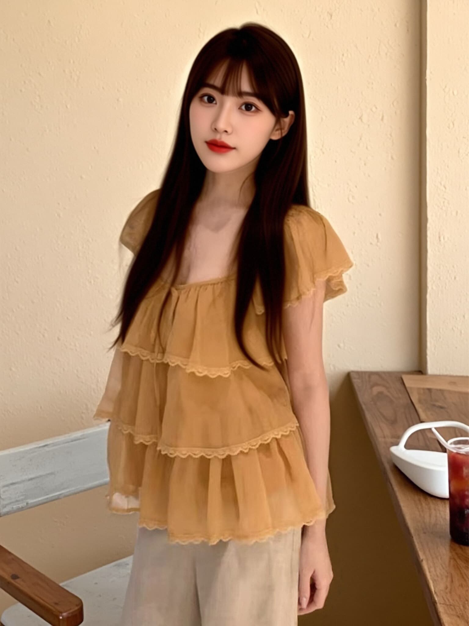 레이스 조각 작은 날다 소매 프릴 셔츠 맨위 여성 이미지 2