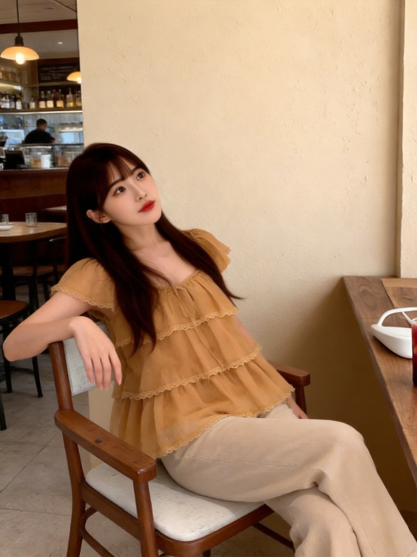 레이스 조각 작은 날다 소매 프릴 셔츠 맨위 여성 상세 이미지 4