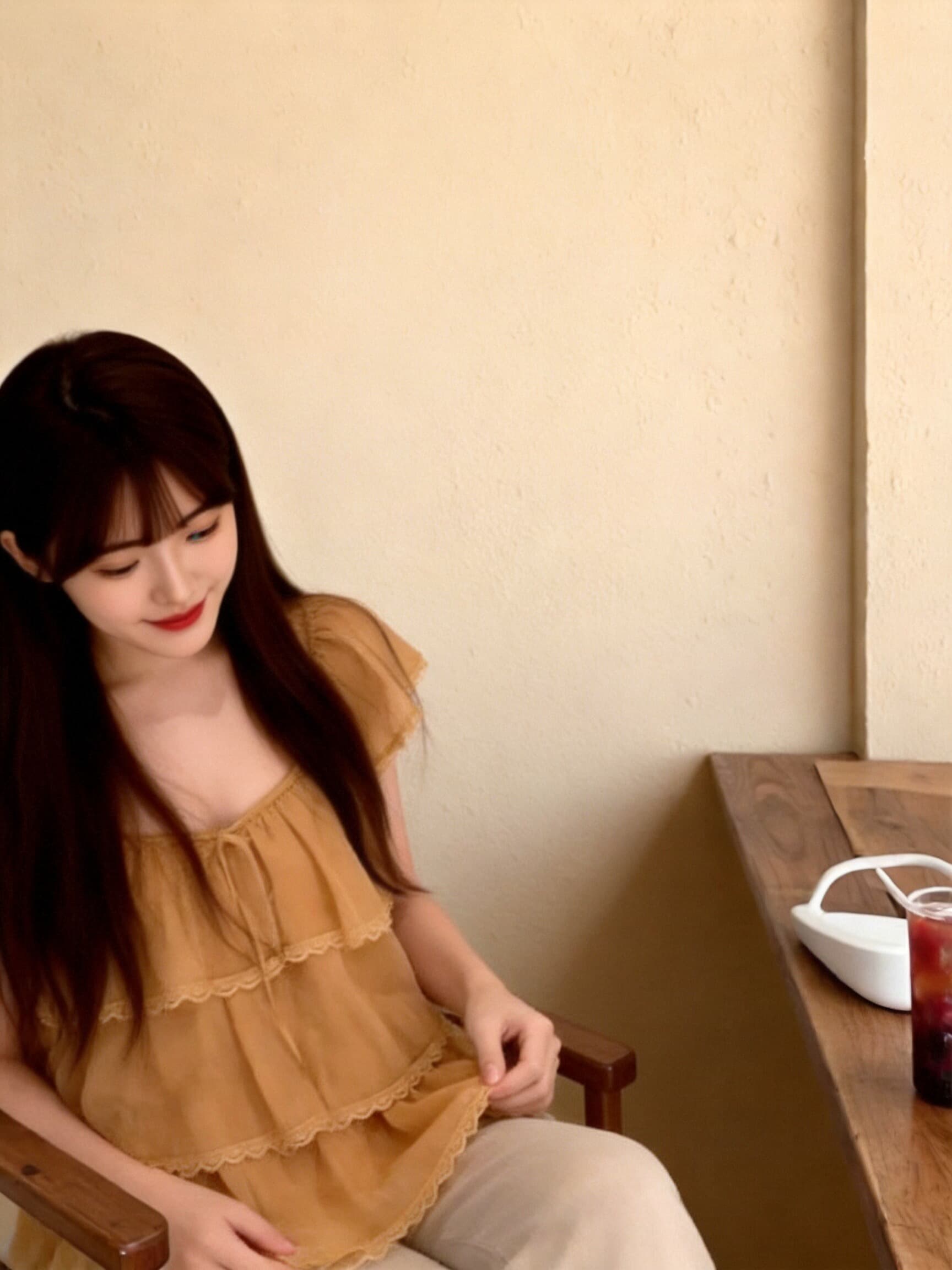 레이스 조각 작은 날다 소매 프릴 셔츠 맨위 여성 상세 이미지 5