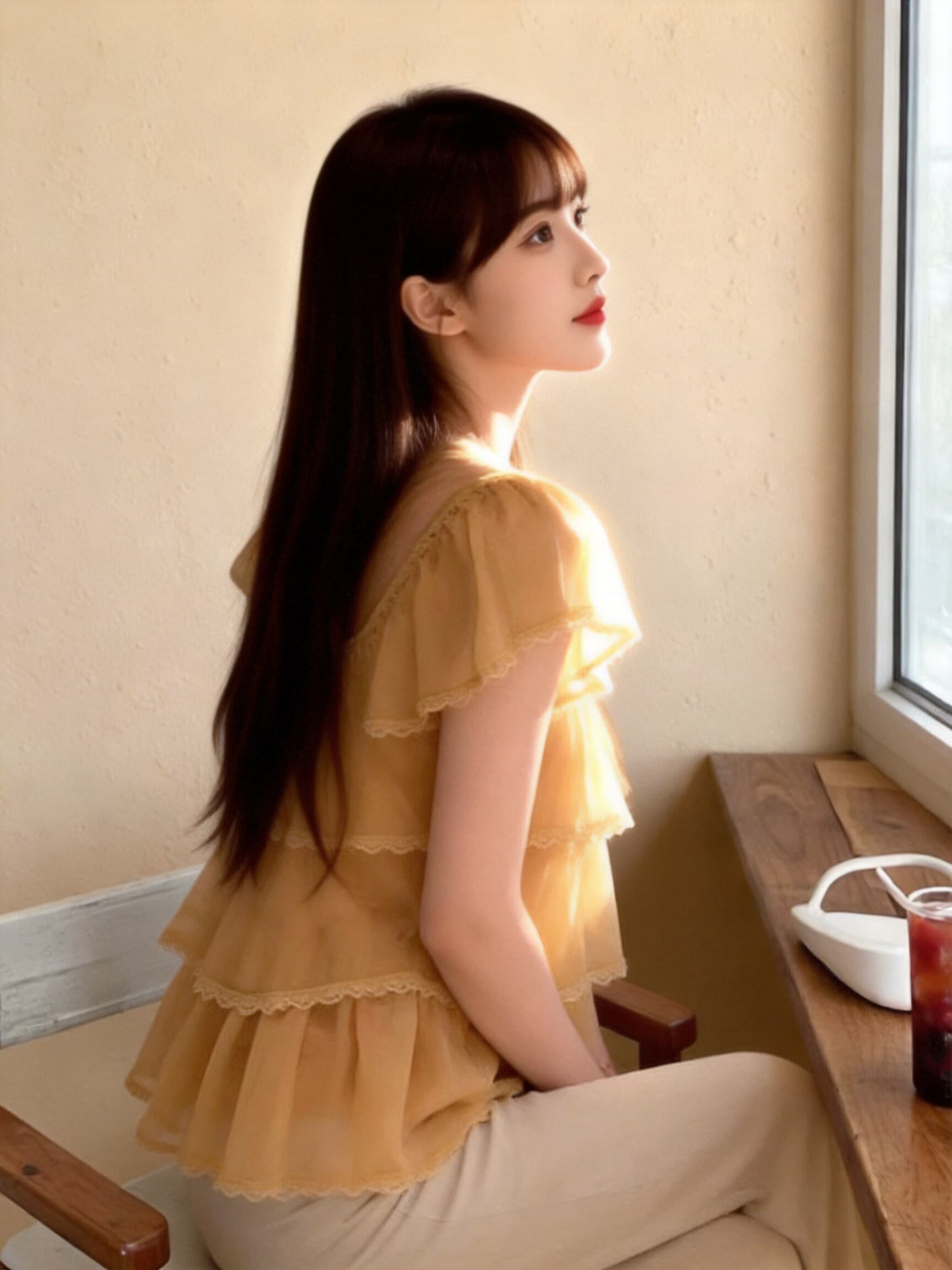 레이스 조각 작은 날다 소매 프릴 셔츠 맨위 여성 상세 이미지 7