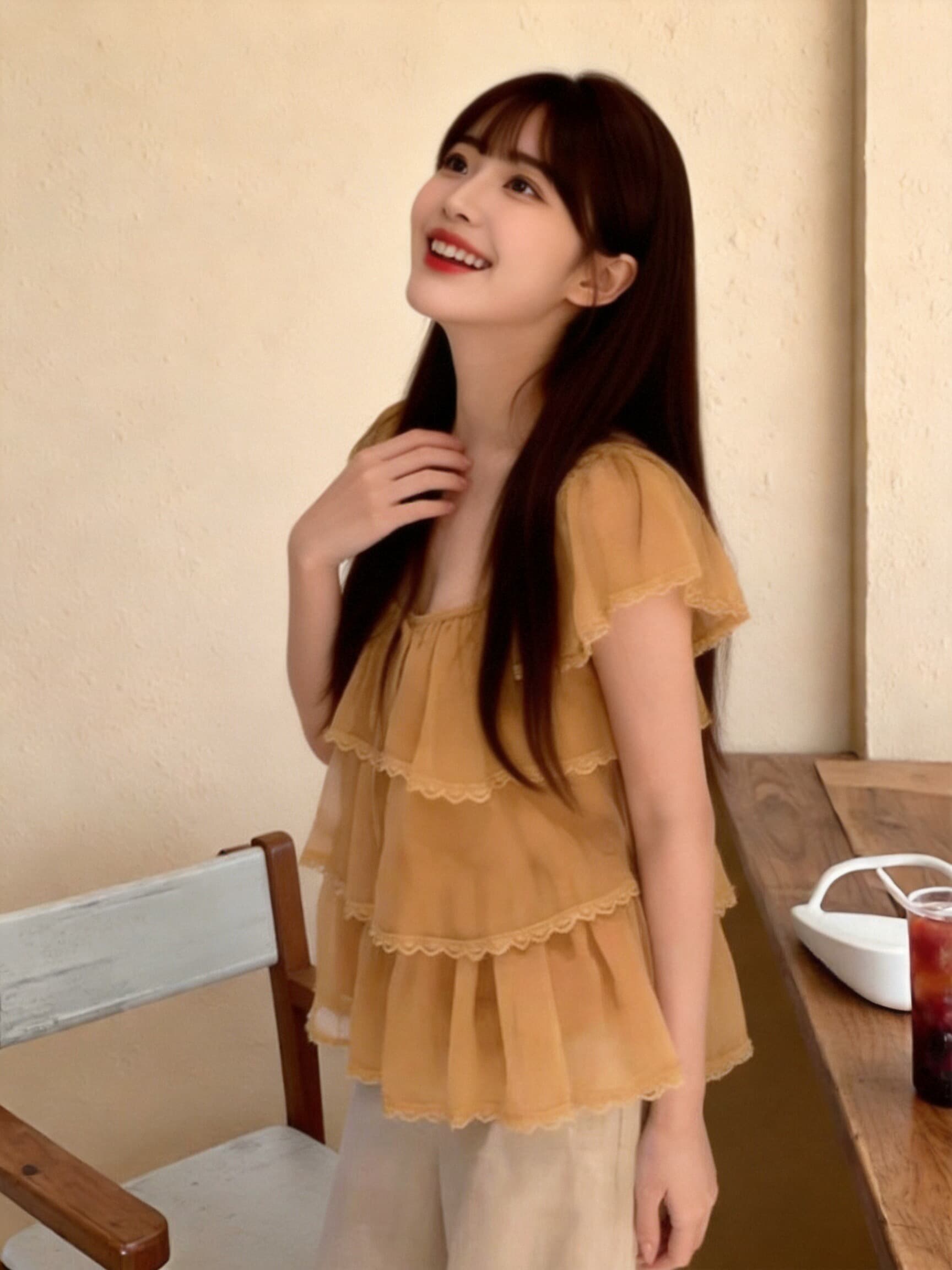레이스 조각 작은 날다 소매 프릴 셔츠 맨위 여성 상세 이미지 9