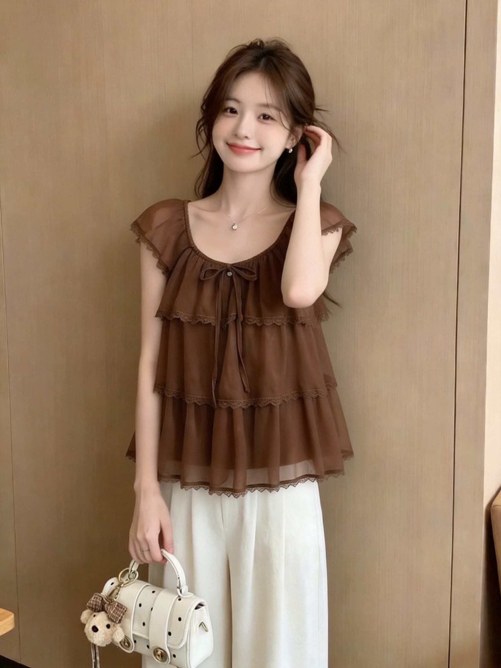 레이스 조각 프릴 셔츠 맨위 여성 상세 이미지 2