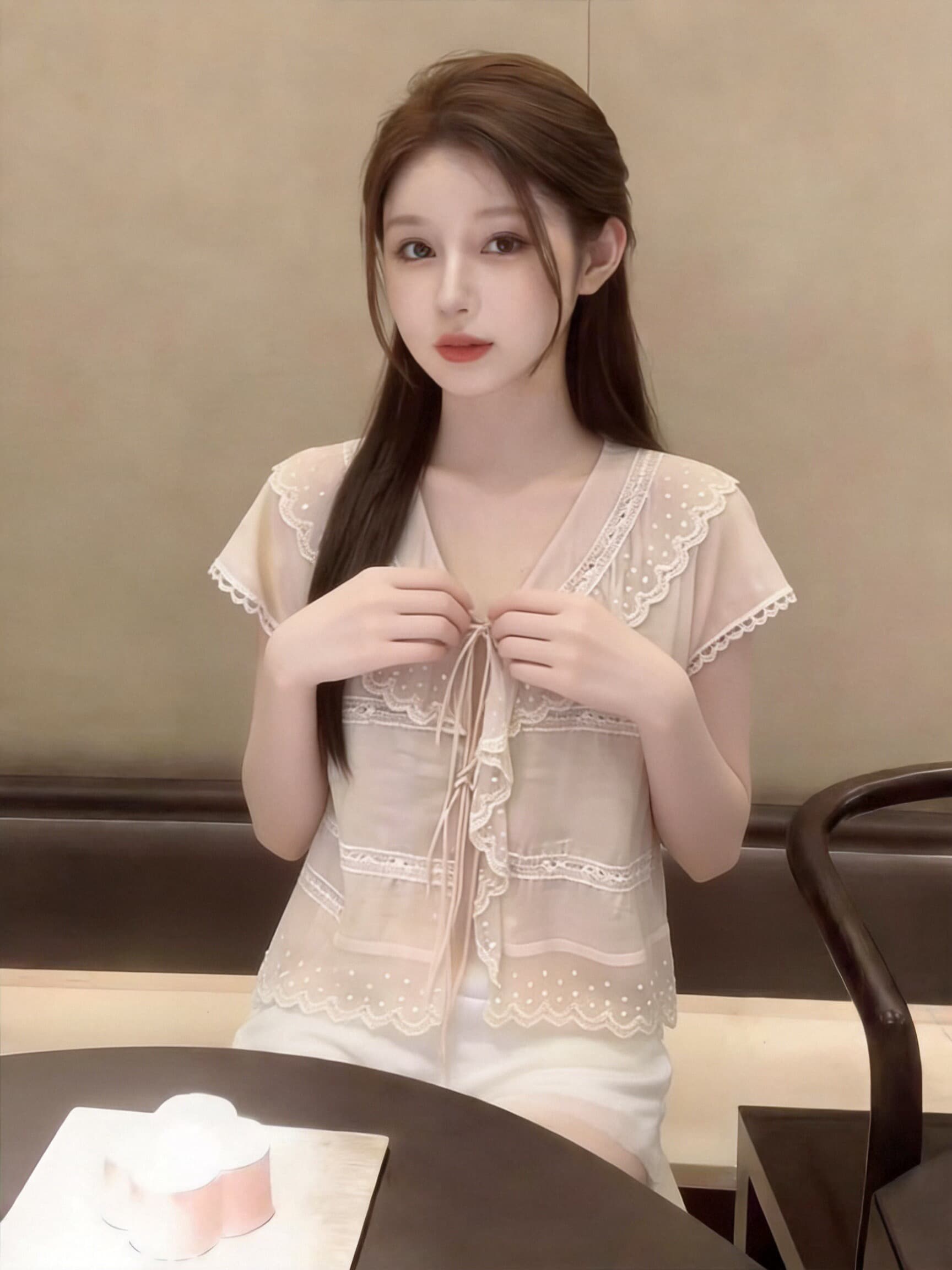 스트랩 레이스 조각 셔츠 맨위 여성 이미지 2