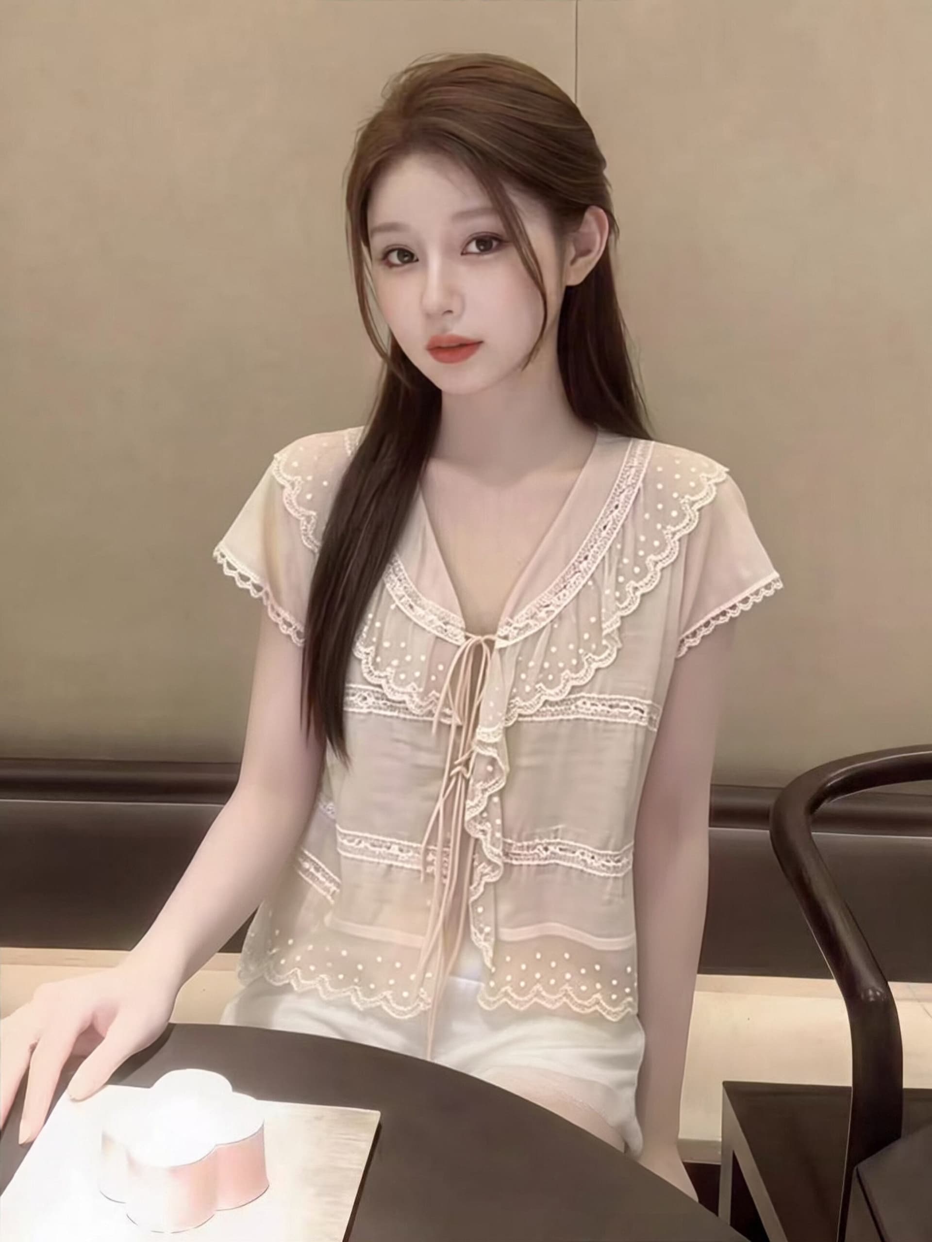 스트랩 레이스 조각 셔츠 맨위 여성 이미지 4