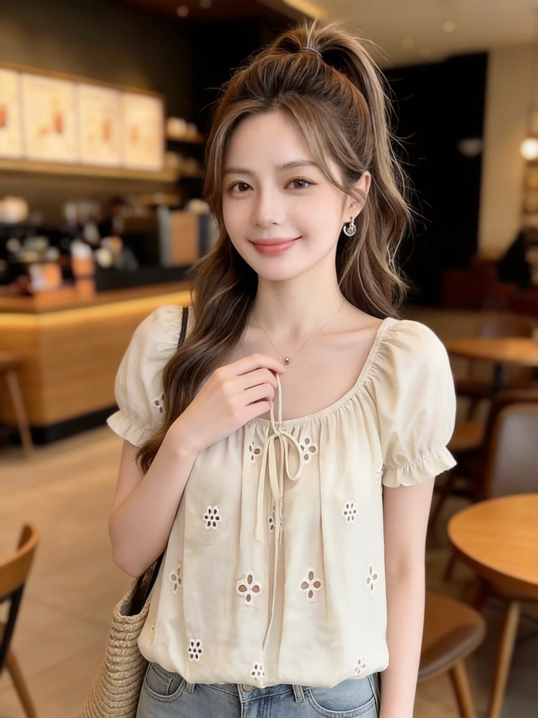 거품 소매 광장 칼라 홀로우 아웃 자수 셔츠 맨위 여성 상세 이미지 2