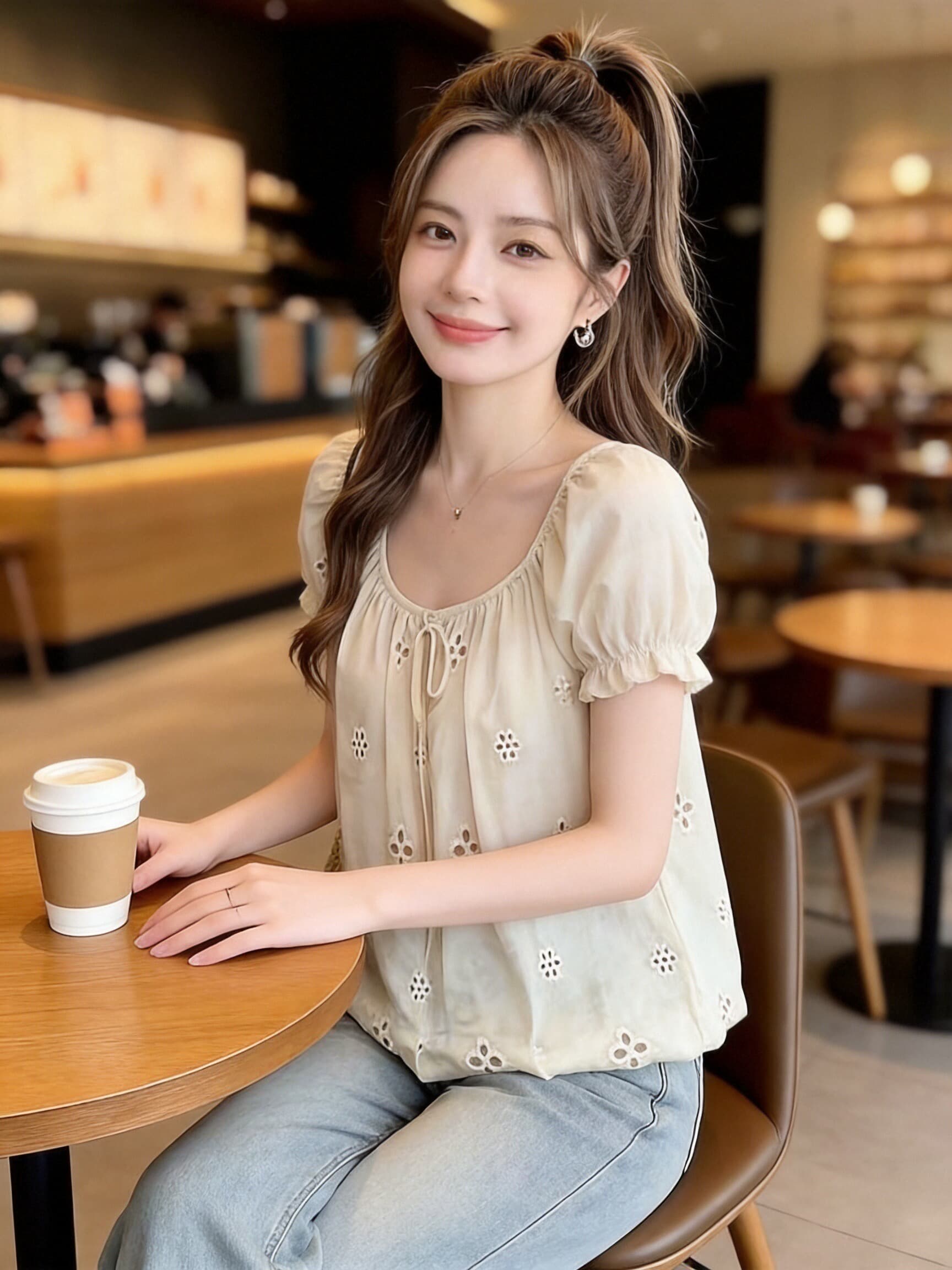 거품 소매 광장 칼라 홀로우 아웃 자수 셔츠 맨위 여성 상세 이미지 3