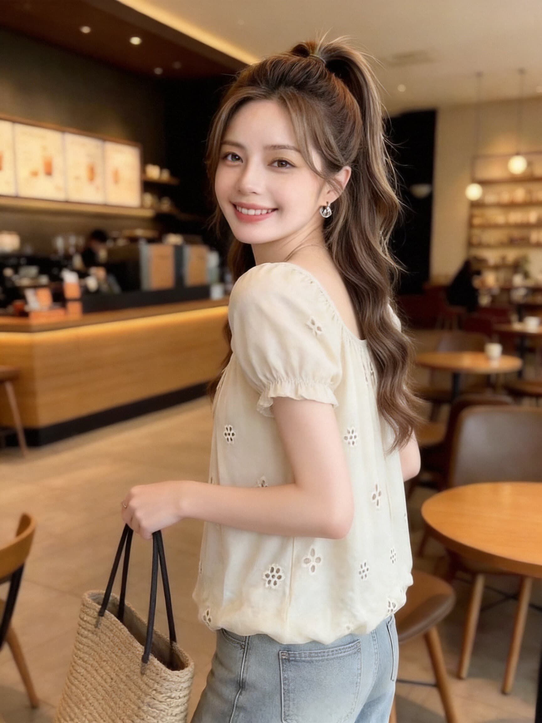 거품 소매 광장 칼라 홀로우 아웃 자수 셔츠 맨위 여성 상세 이미지 6