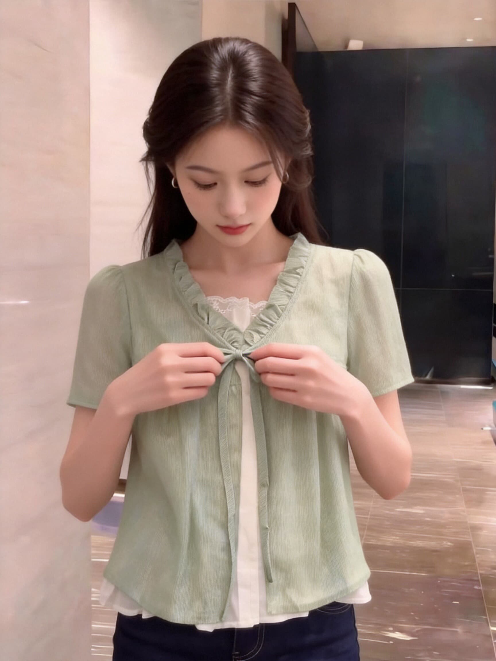박하 녹색 페이크 레이어드 셔츠 맨위 여성 이미지 5