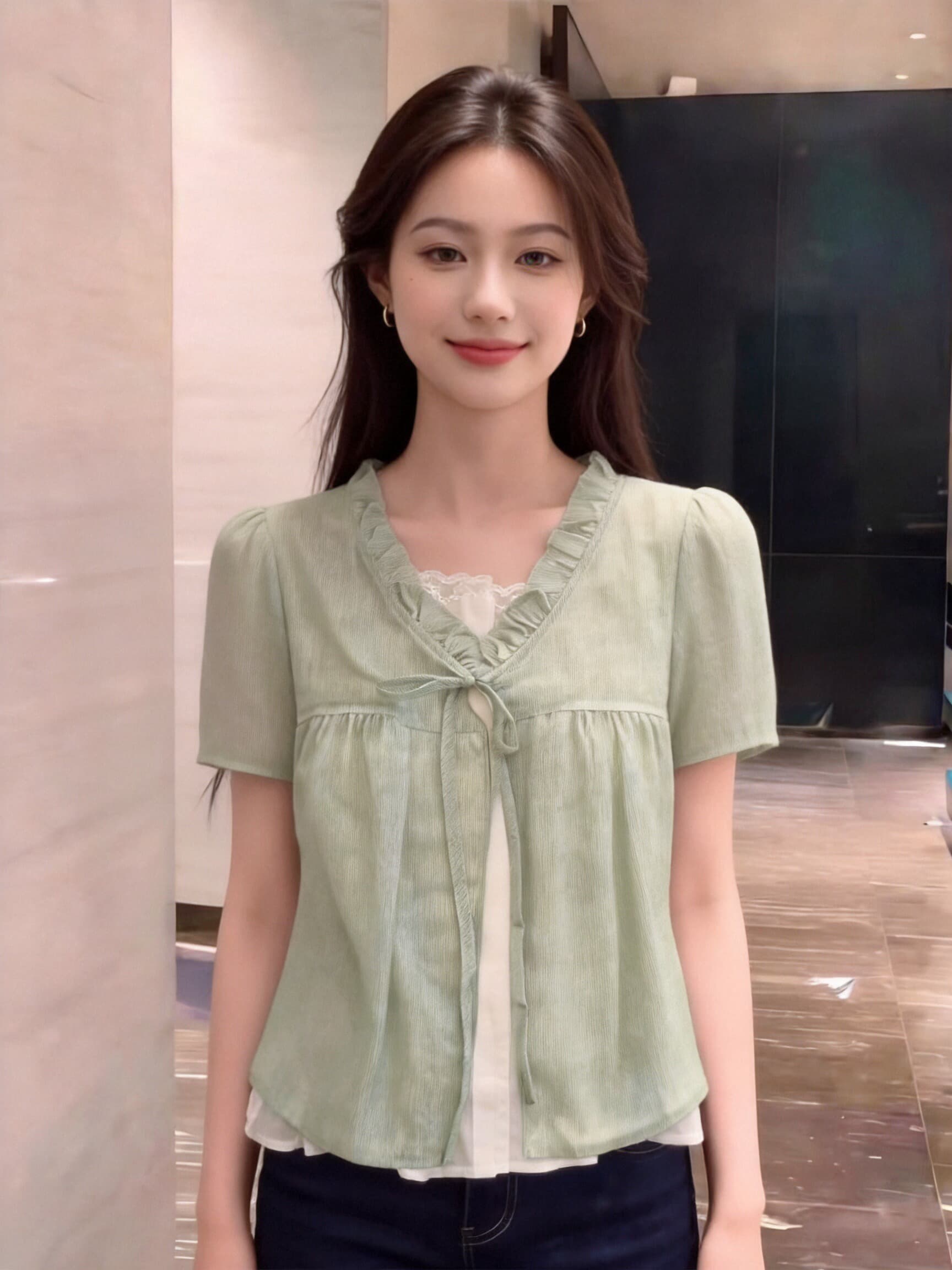 박하 녹색 페이크 레이어드 셔츠 맨위 여성 상세 이미지 3